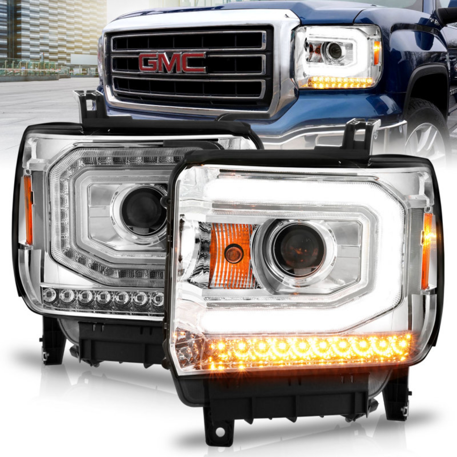 Picture of ANZO 2014-2015 GMC Sierra 1500 Projector Headlights w- Light Bar Chrome Housing Halogen Type