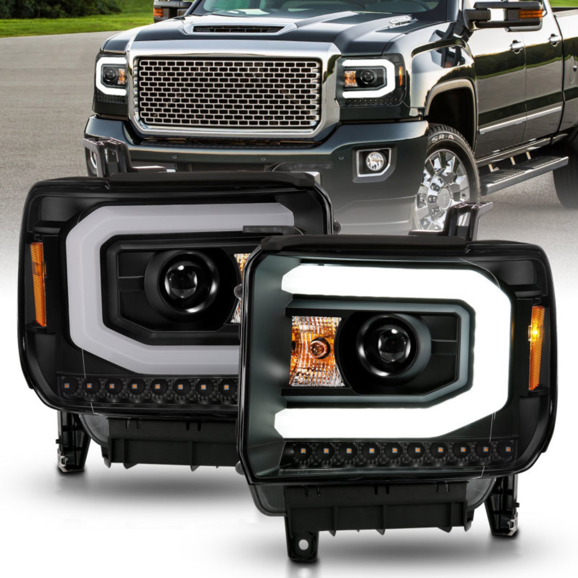 Picture of ANZO 2014-2015 GMC Sierra 1500 Projector Headlights w- Light Bar Black Housing Halogen Type