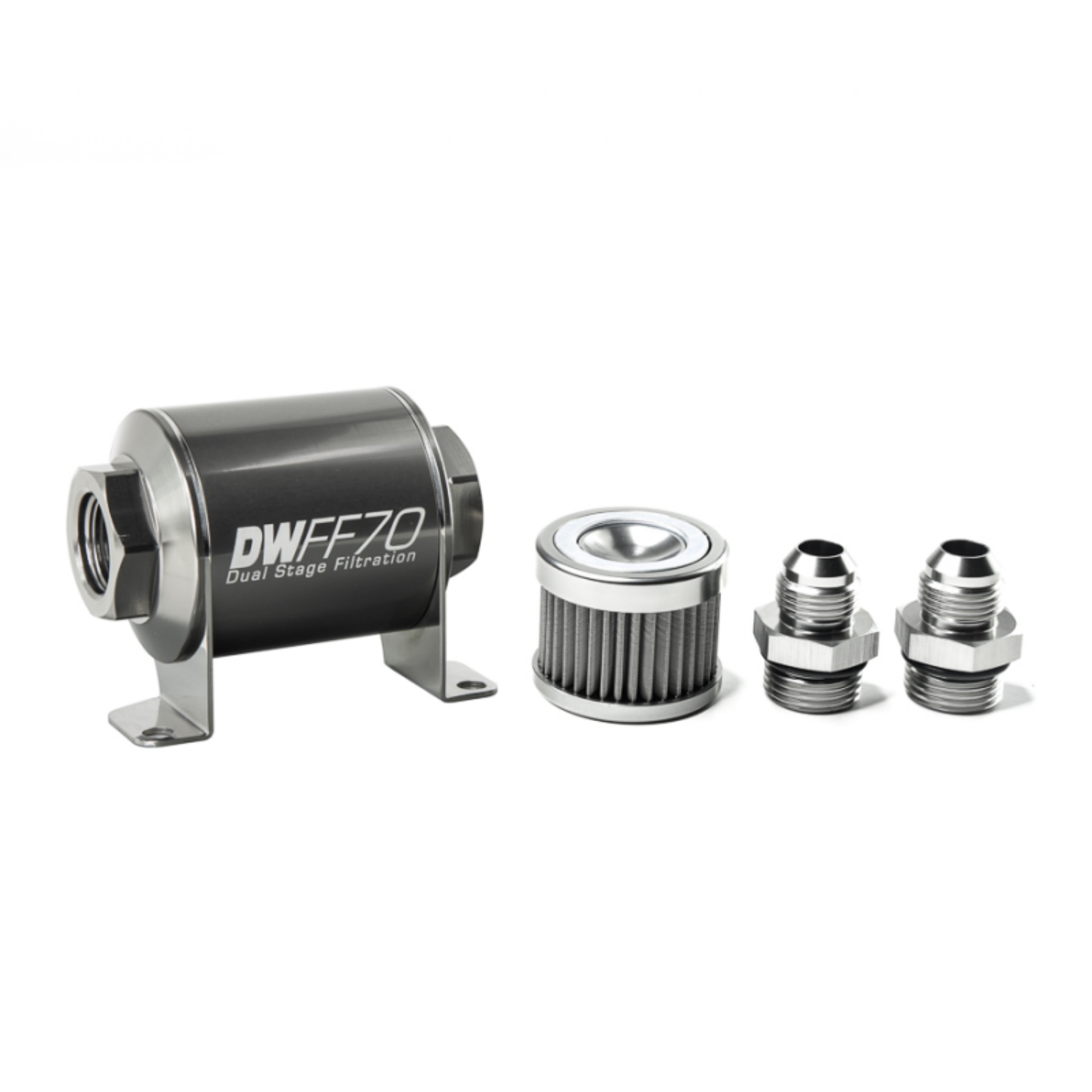 Picture of DeatschWerks Stainless Steel 8AN 40 Micron Universal Inline Fuel Filter Housing Kit 70mm