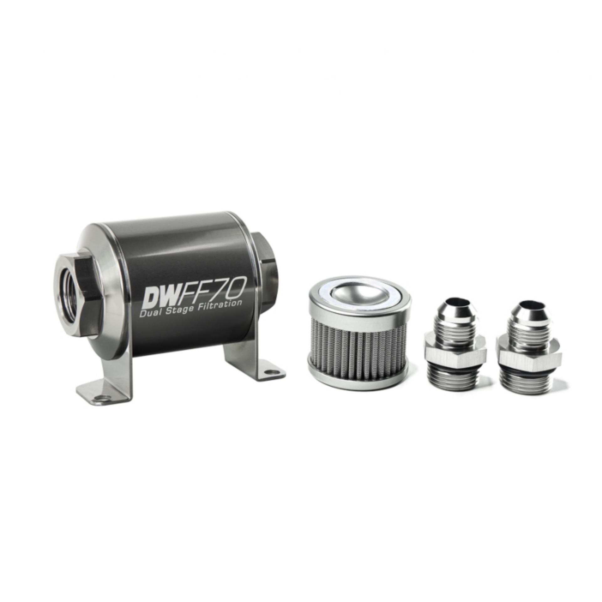 Picture of DeatschWerks Stainless Steel 8AN 100 Micron Universal Inline Fuel Filter Housing Kit 70mm
