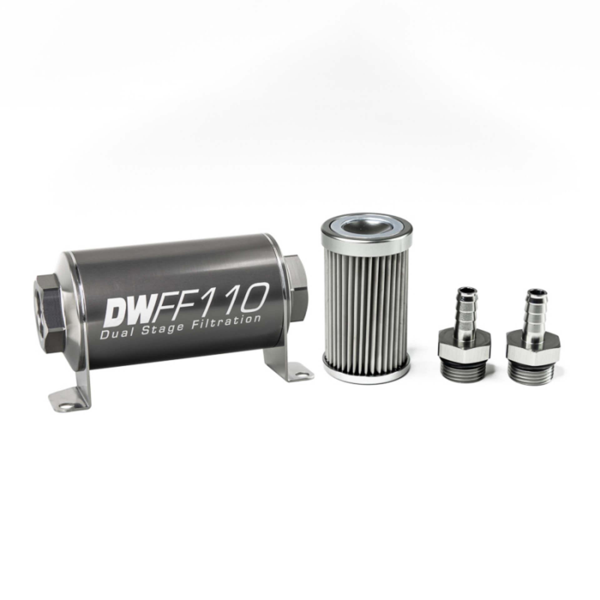 Picture of DeatschWerks Stainless Steel 3-8in 10 Micron Universal Inline Fuel Filter Housing Kit 110mm
