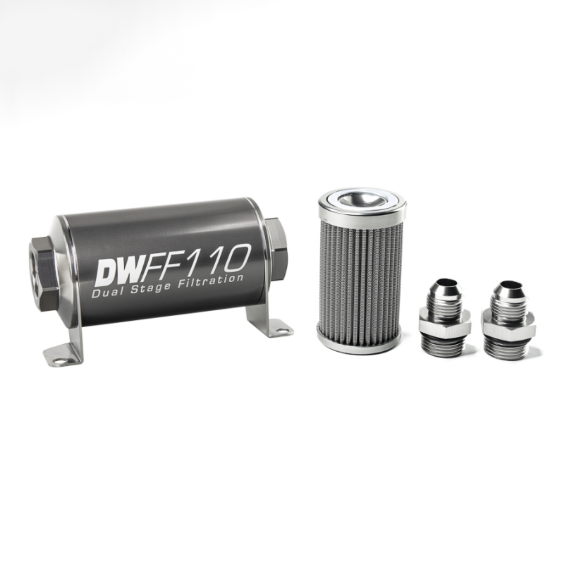 Picture of DeatschWerks Stainless Steel 8AN 100 Micron Universal Inline Fuel Filter Housing Kit 110mm