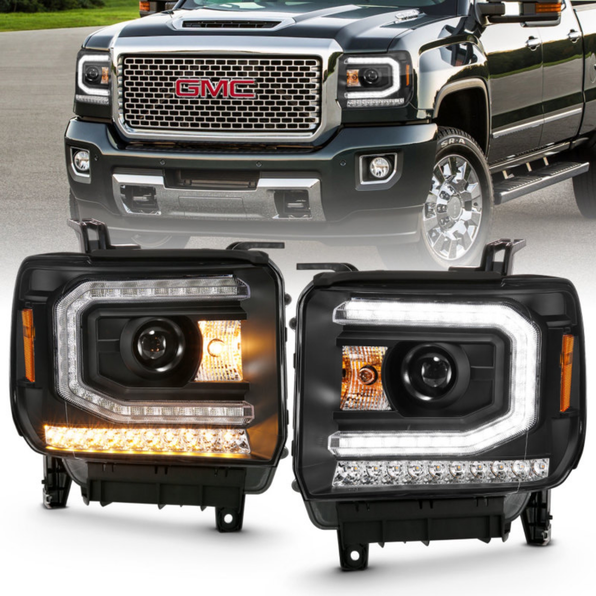 Picture of ANZO 2016-2019 GMC Sierra 1500 Projector Headlight Plank Style Black w- Sequential Amber Signal
