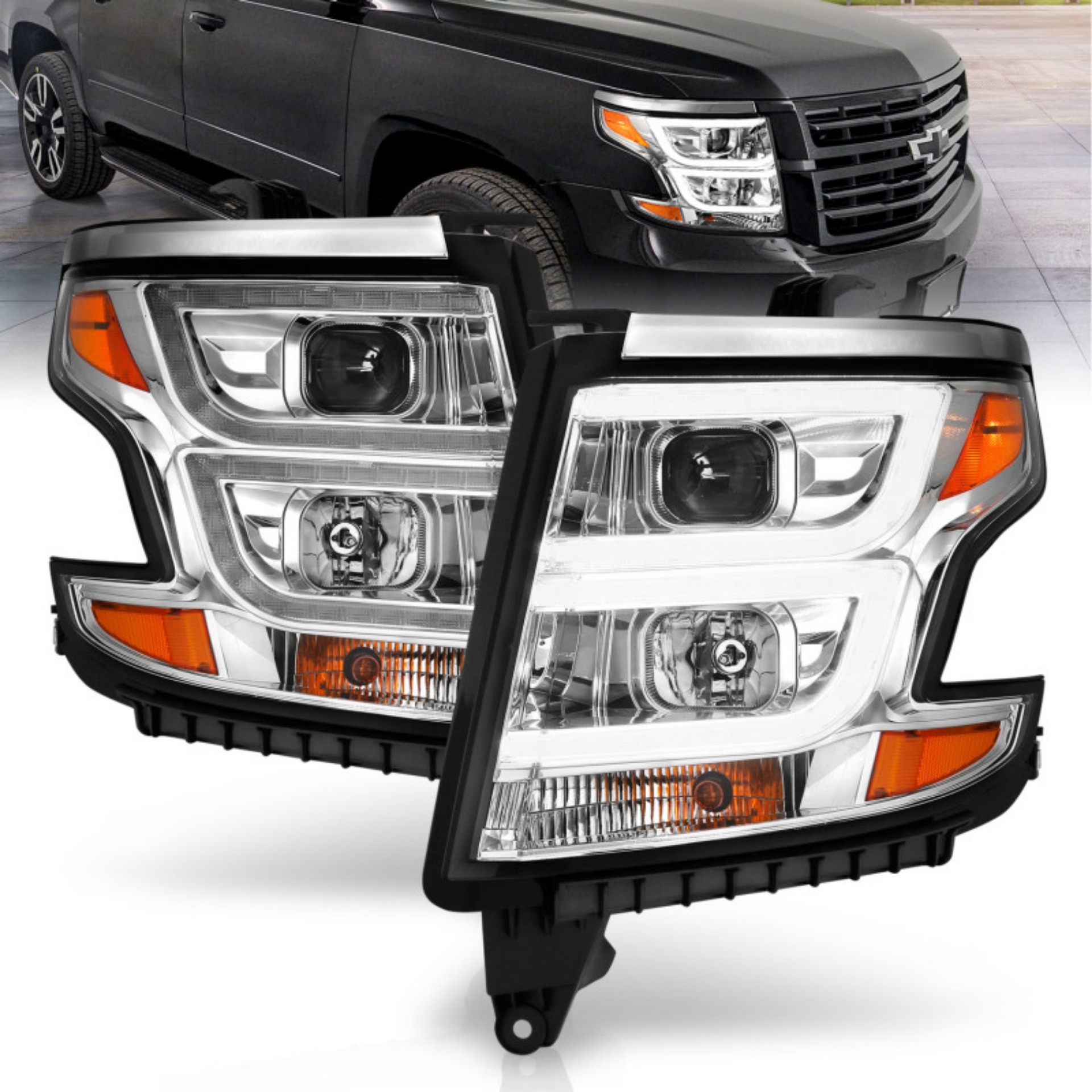 Picture of ANZO 2015-2020 Chevy Tahoe Projector Headlights Plank Style Chrome w-DRL