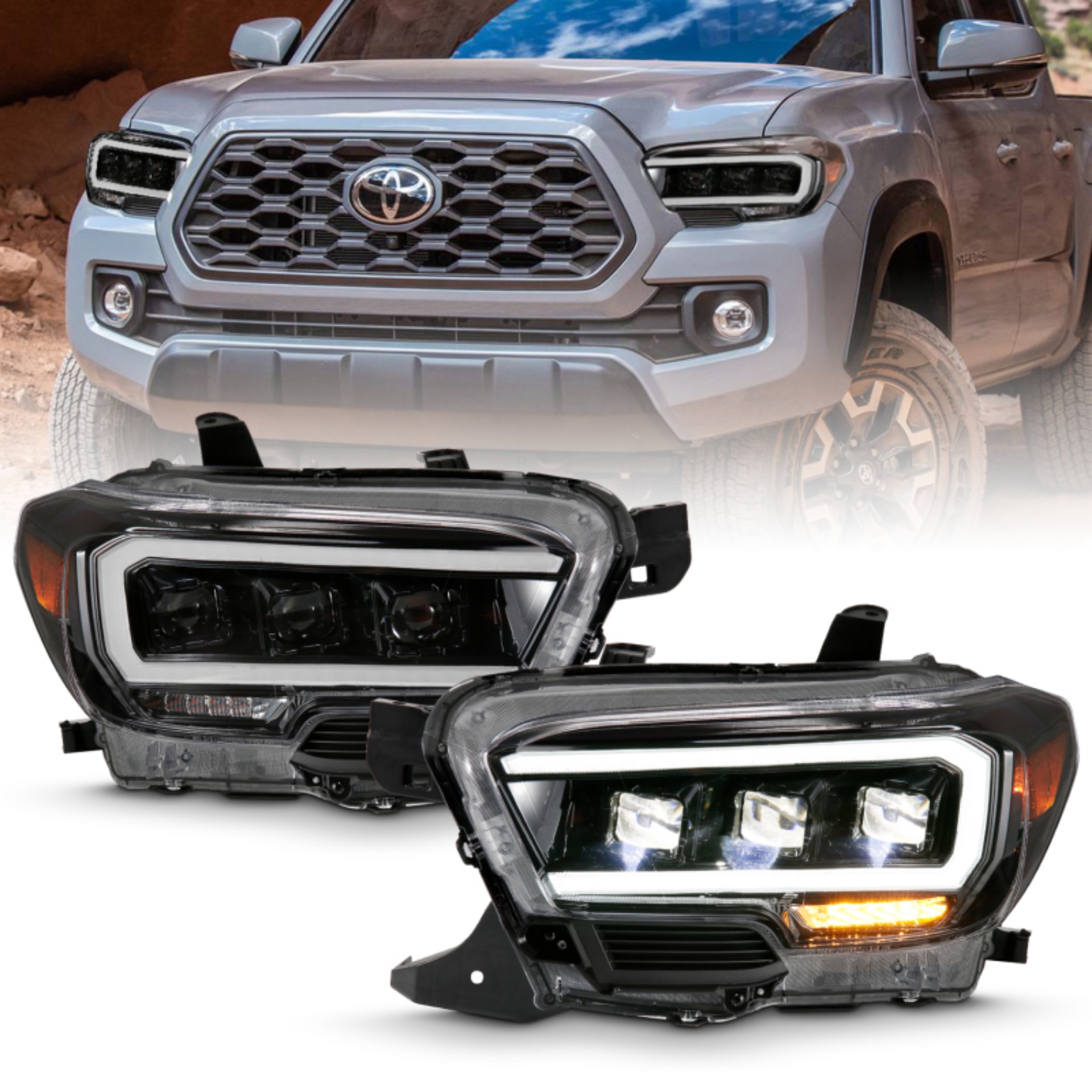 Picture of ANZO 2016-2018 Toyota Tacoma LED Projector Headlights Plank Style Black w- Amber