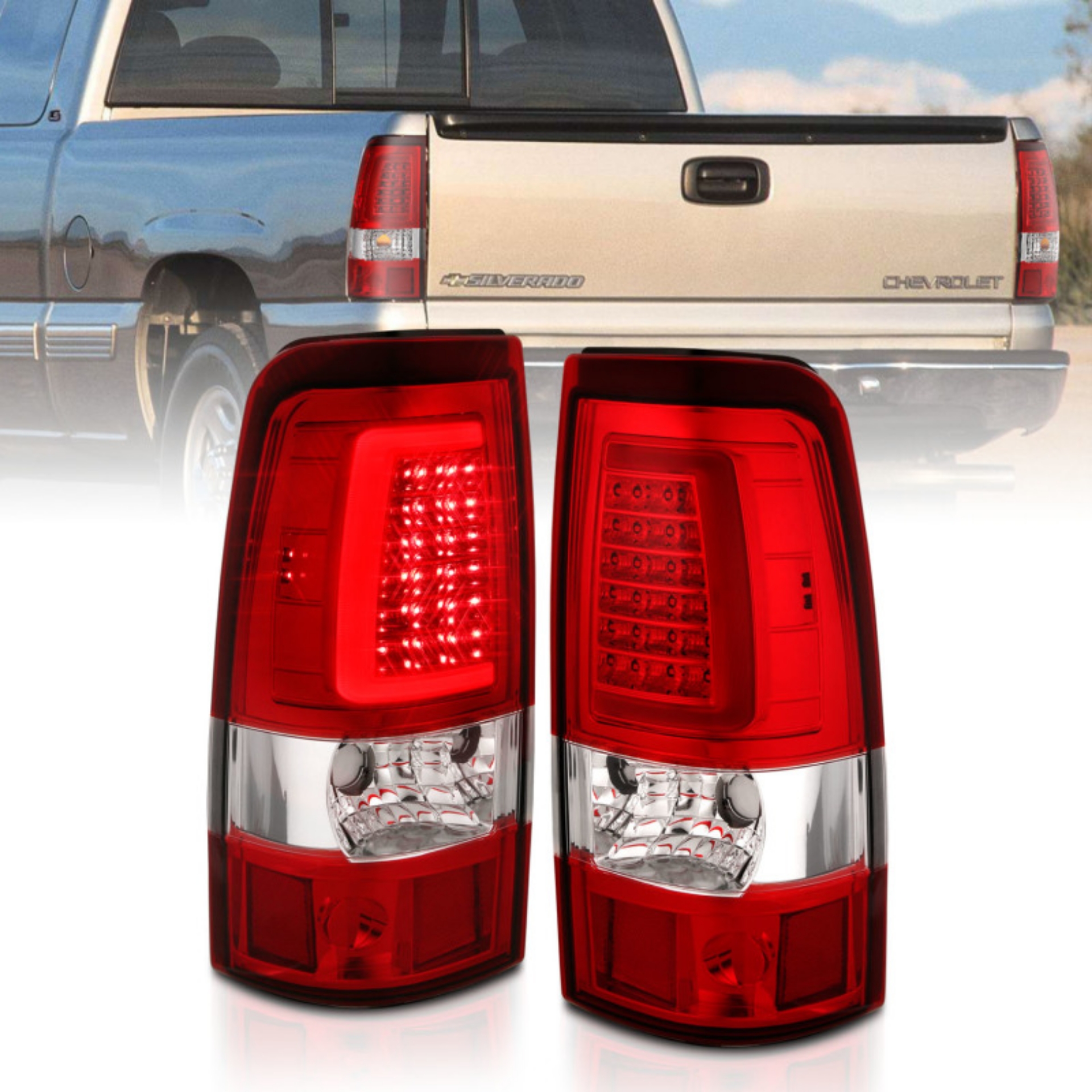 Picture of ANZO 1999-2002 Chevy Silverado 1500 LED Taillights Plank Style Chrome With Red-Clear Lens