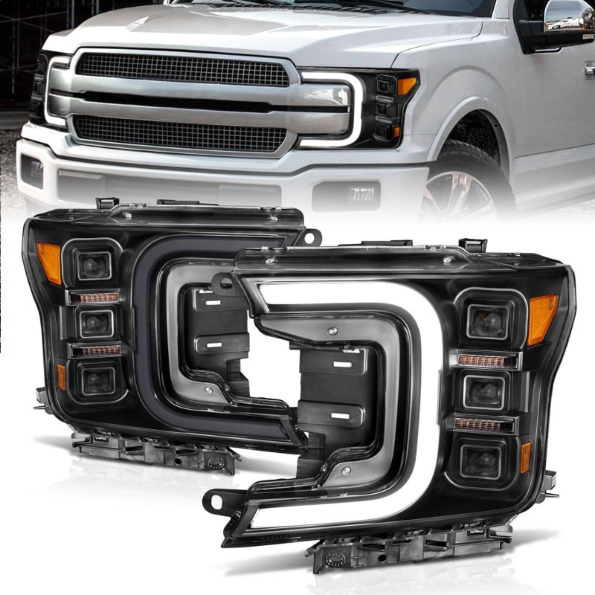 Picture of ANZO 18-20 Ford F-150 Full Led Projector Smoke Bar Style Headlights Black Amber