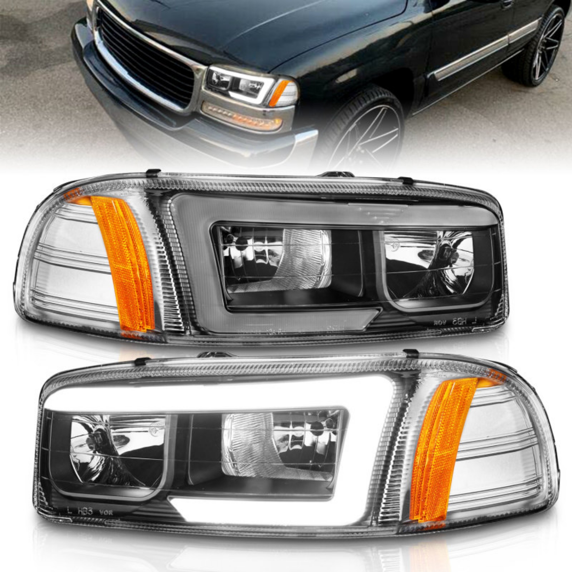 Picture of ANZO 99-17 GMC Sierra-Denali Headlights Black Amber w-C Light Bars