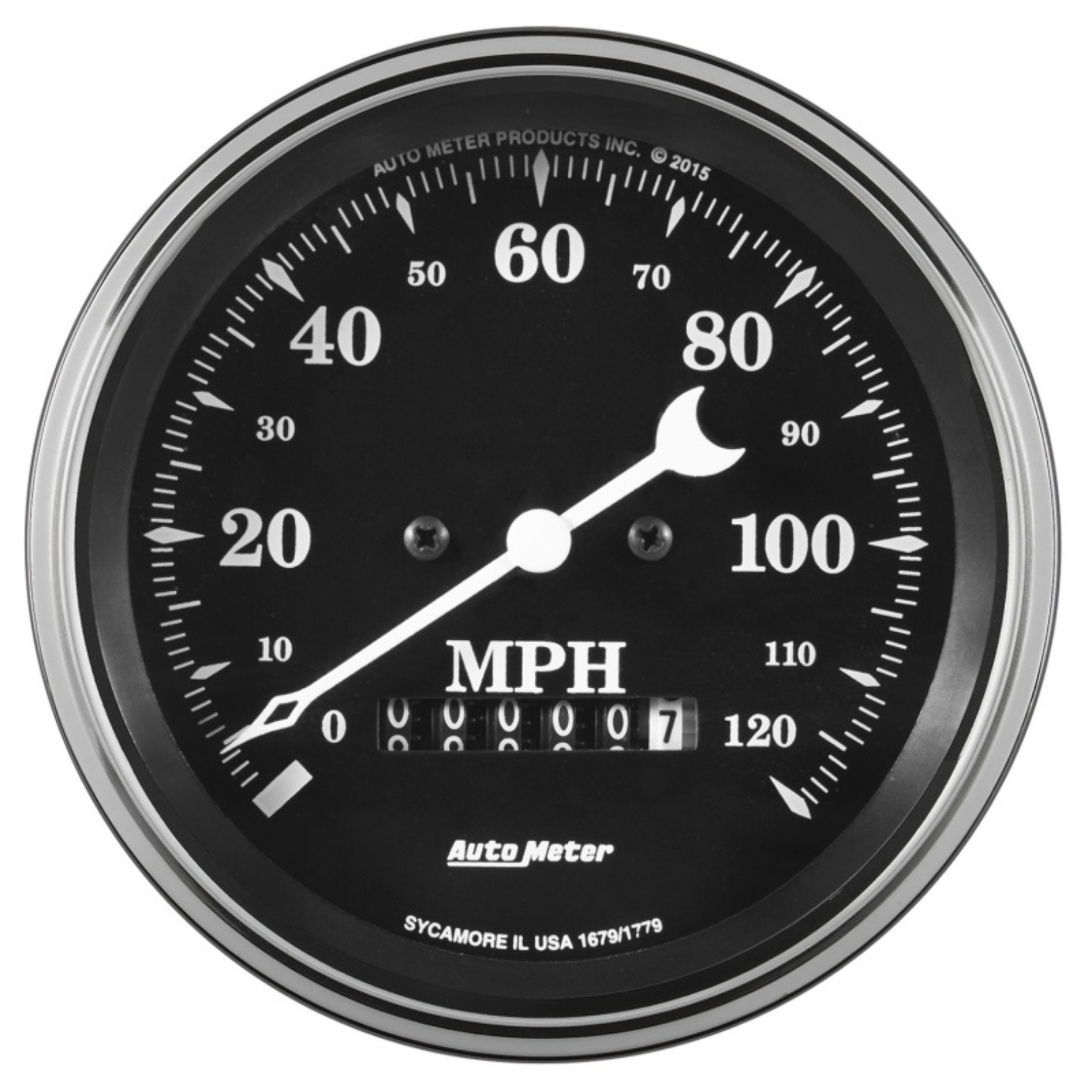 Picture of Auto Meter Gauge Speedo- 3 3-8in 120mph Elec- Prog- w- Wheel Odo Old Tyme Black