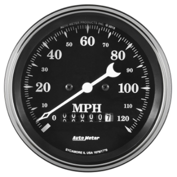 Picture of Auto Meter Gauge Speedo- 3 3-8in 120mph Elec- Prog- w- Wheel Odo Old Tyme Black