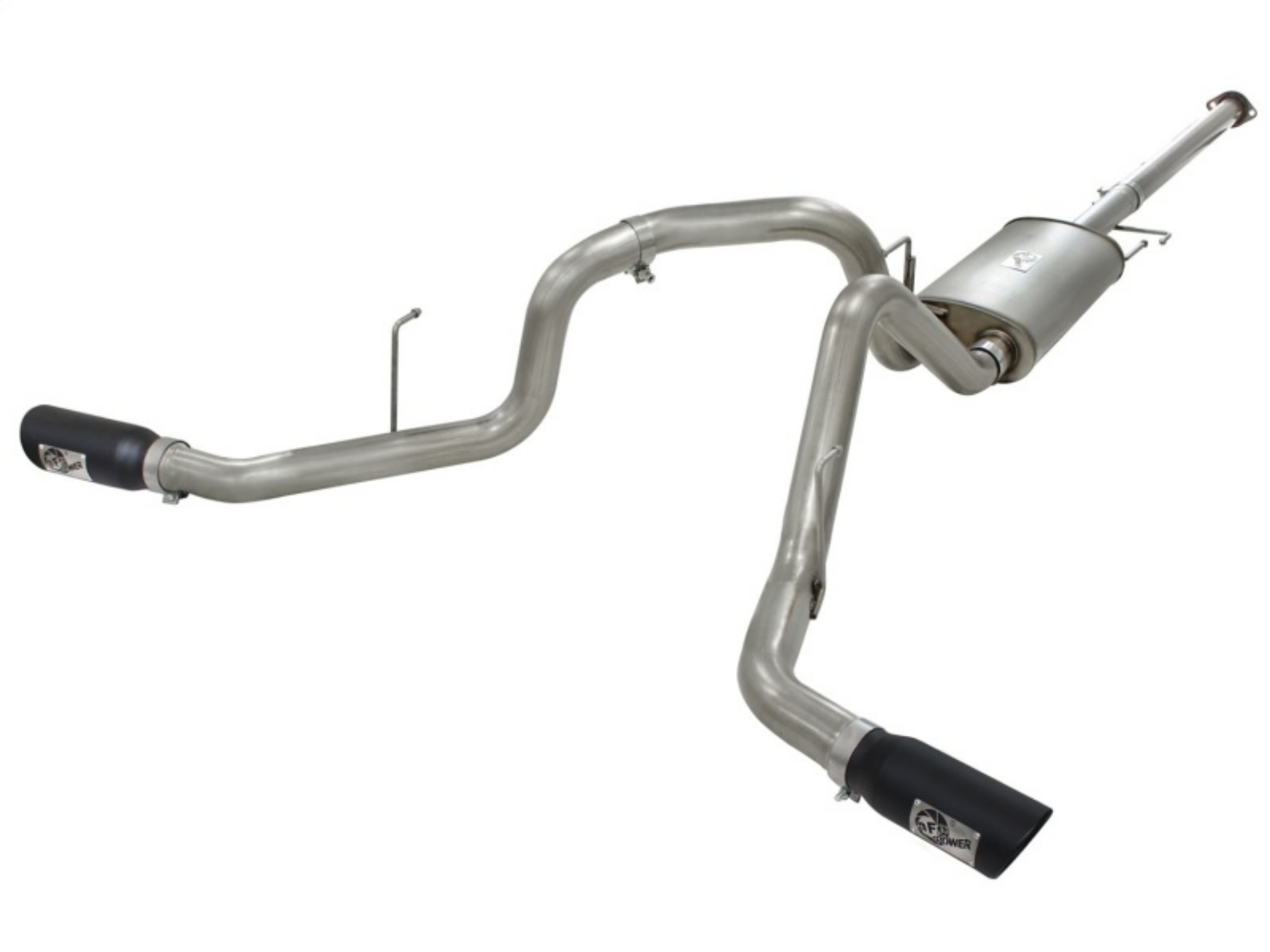 Picture of aFe MACHForce XP Exhaust 3in SS Dual Side Exit CB w- Black Tips 11-14 Ford F150 EcoBoost V6-3-5L TT