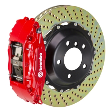 Picture of Brembo 03-06 G35 Sedan-G35 Coupe-03-08 350Z Fr GT BBK 4 Pist Cast 2pc 355x32 2pc Rotor Drilled-Red
