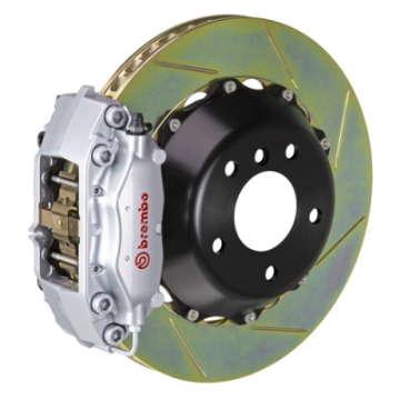 Picture of Brembo 03-06 G35 Sedan-03-08 350Z Rear GT BBK 4 Piston Cast 345x28 2pc Rotor Slotted Type1-Silver