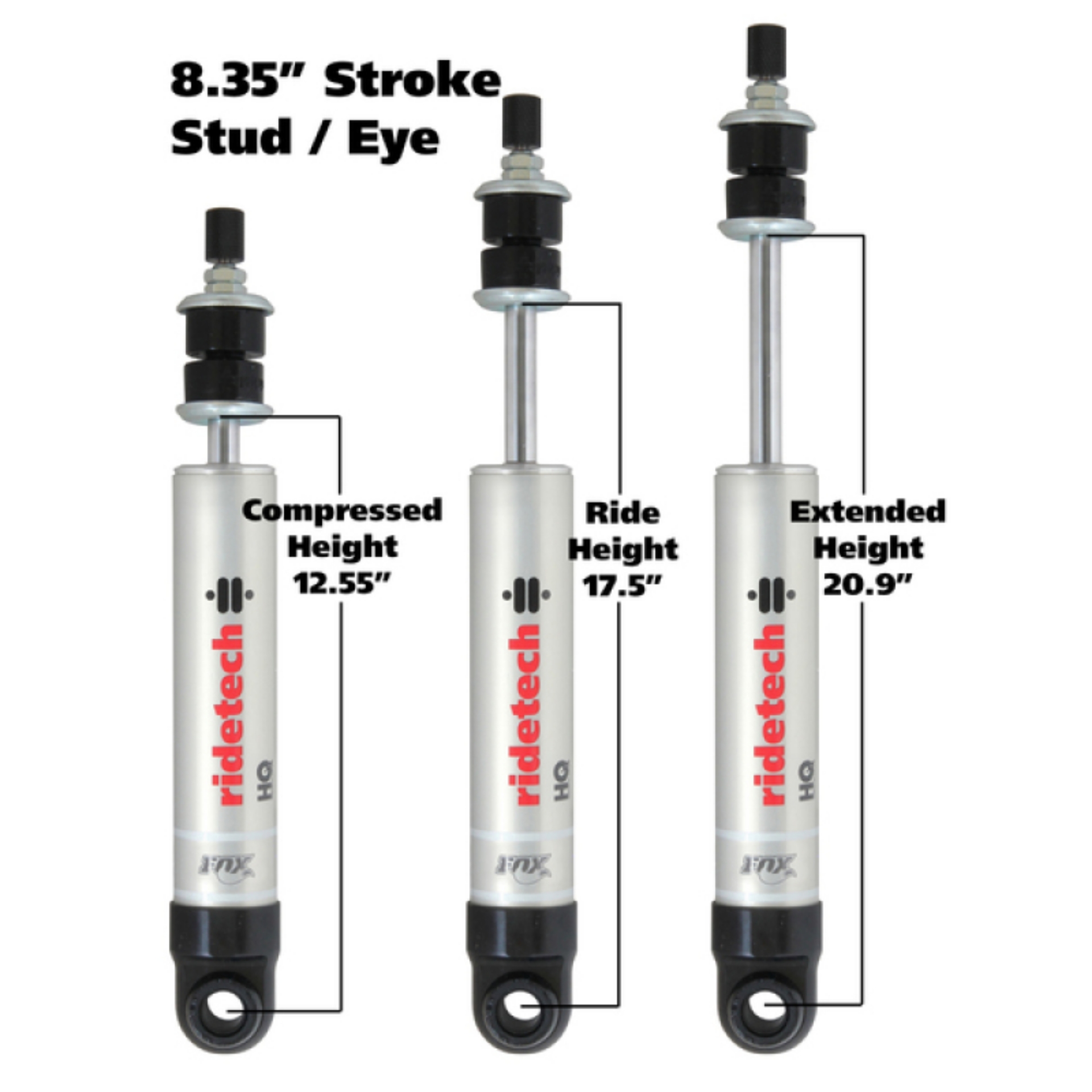 Picture of Ridetech HQ Series Shock Absorber Single Adjustable 8-35in Stroke Eye-Stud Mounting 12-55in x 20-9in