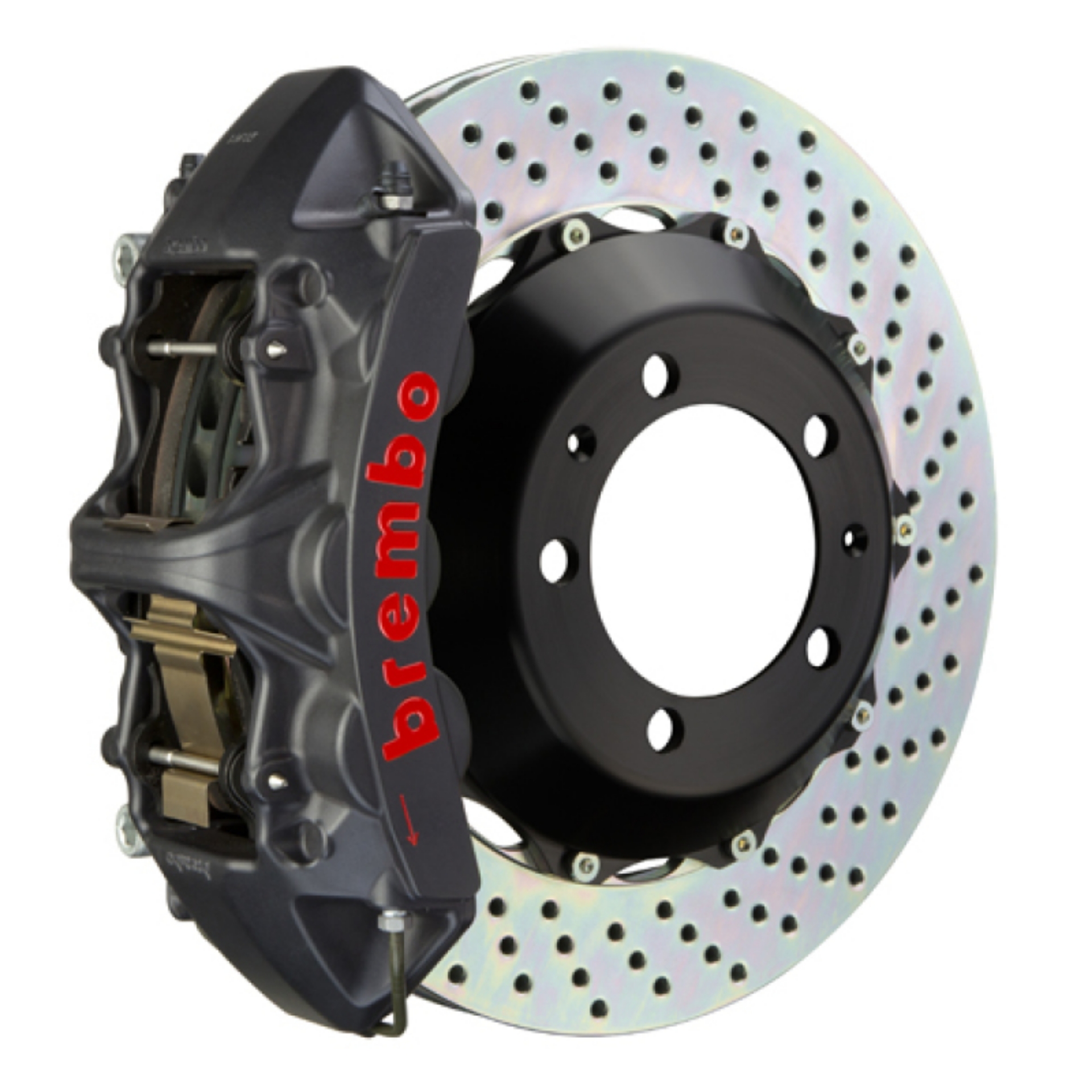 Picture of Brembo 03-06 G35 Sedan-Coupe-03-08 350Z Fr GTS BBK 6 Pist Cast 355x32 2pc Rotor Drilled-Black HA