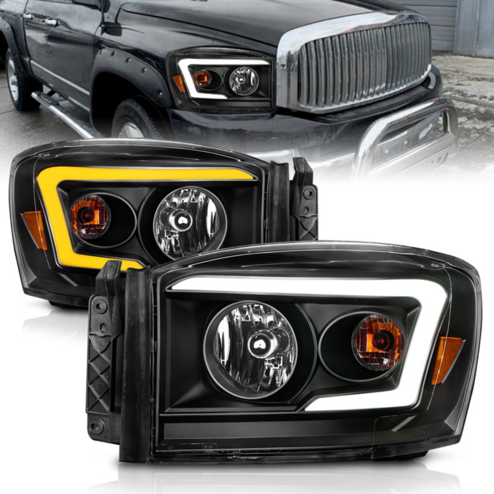 Picture of ANZO 06-09 Dodge RAM 1500-2500-3500 Headlights Black Housing-Clear Lens w-Switchback Light Bars