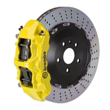 Picture of Brembo 03-09 Range Rover Front GT BBK 6 Piston Cast 405x34 2pc Rotor Drilled- Yellow