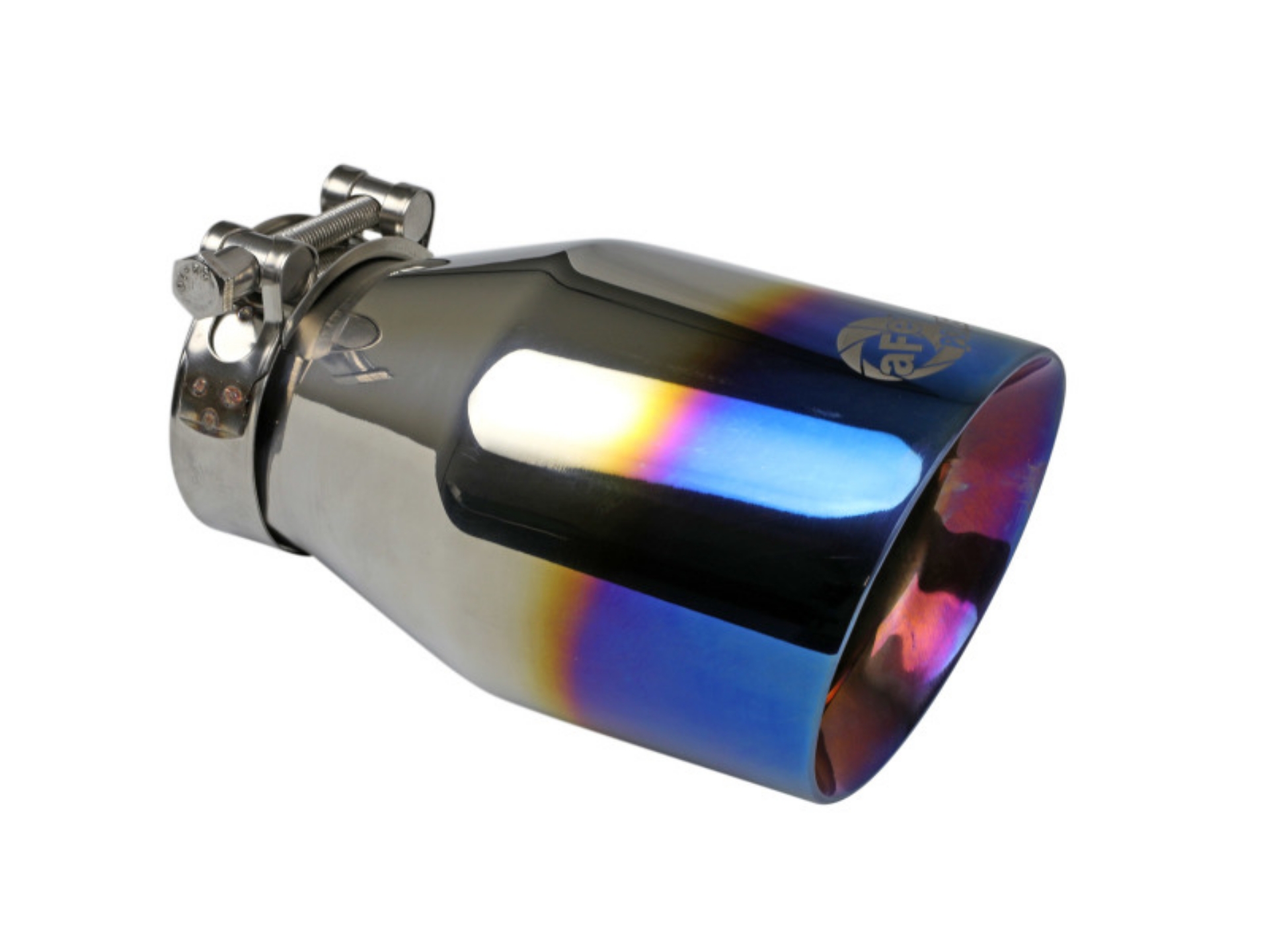 Picture of aFe Mach Force XP 304 Stainless Steel Clamp-On Exhaust Tip 2-5in Inlet - 4in Outlet - Blue Flame