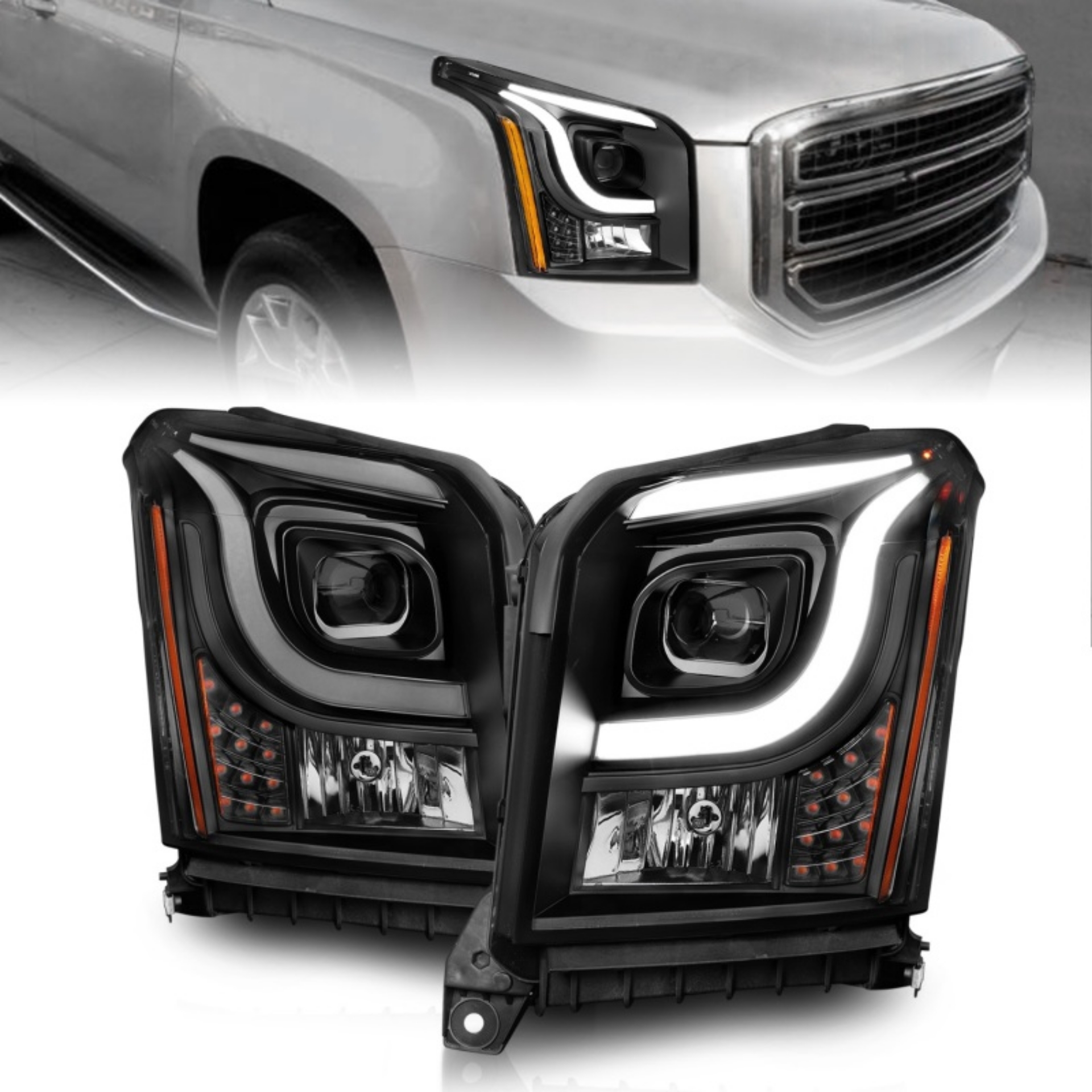 Picture of ANZO 15-17 GMC Yukon-Yukon XL Projector Headlights Black Housing-Clear Lens w- Light Bars