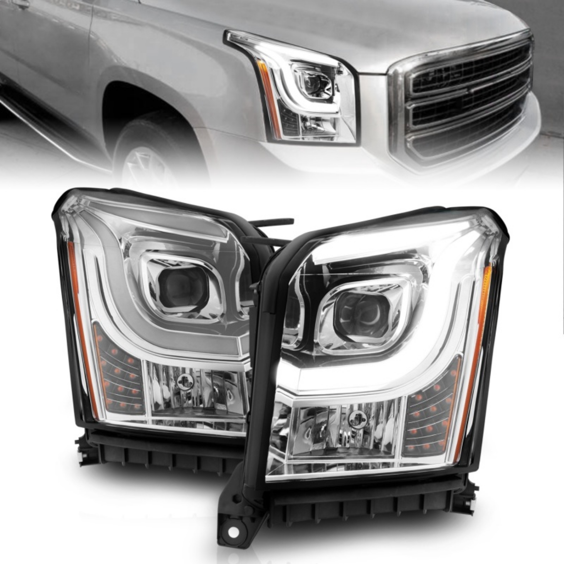 Picture of ANZO 2015-2017 GMC Yukon XL Projector Headlights W Lightbar - Chrome-Amber