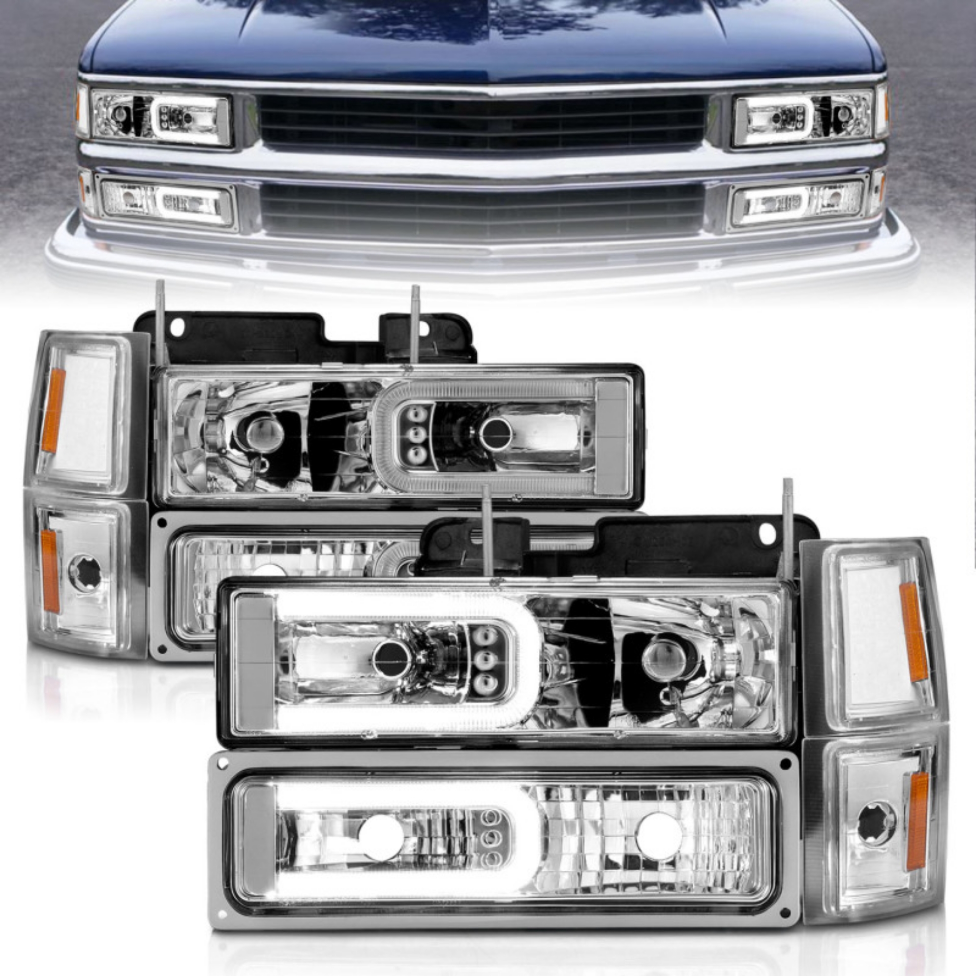 Picture of ANZO 88-98 Chevrolet C1500 Crystal Headlights w-Light Bar Chrome Housing w- Signal Side Markers 8Pcs