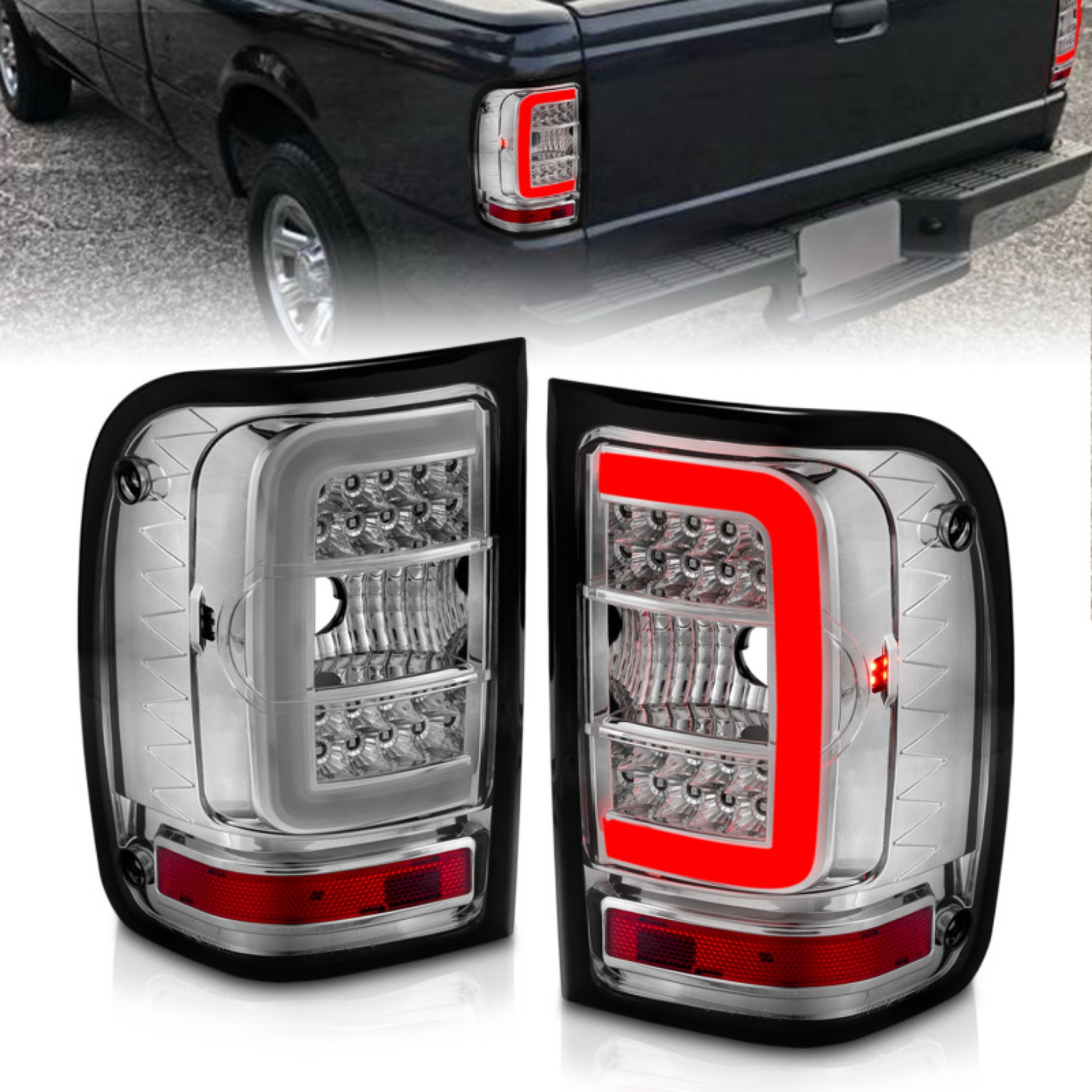 Picture of ANZO 2001-2011 Ford  Ranger LED Tail Lights w- Light Bar Chrome Housing Clear Lens