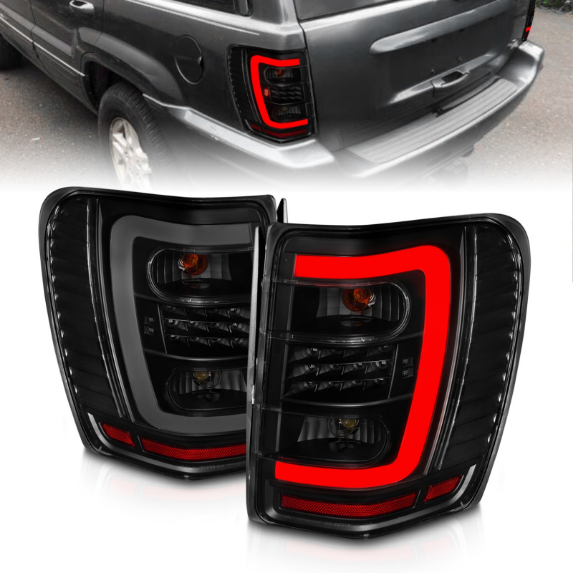 Picture of ANZO 1999-2004 Jeep Grand Cherokee LED Tail Lights w- Light Bar Black Housing Smoke Lens