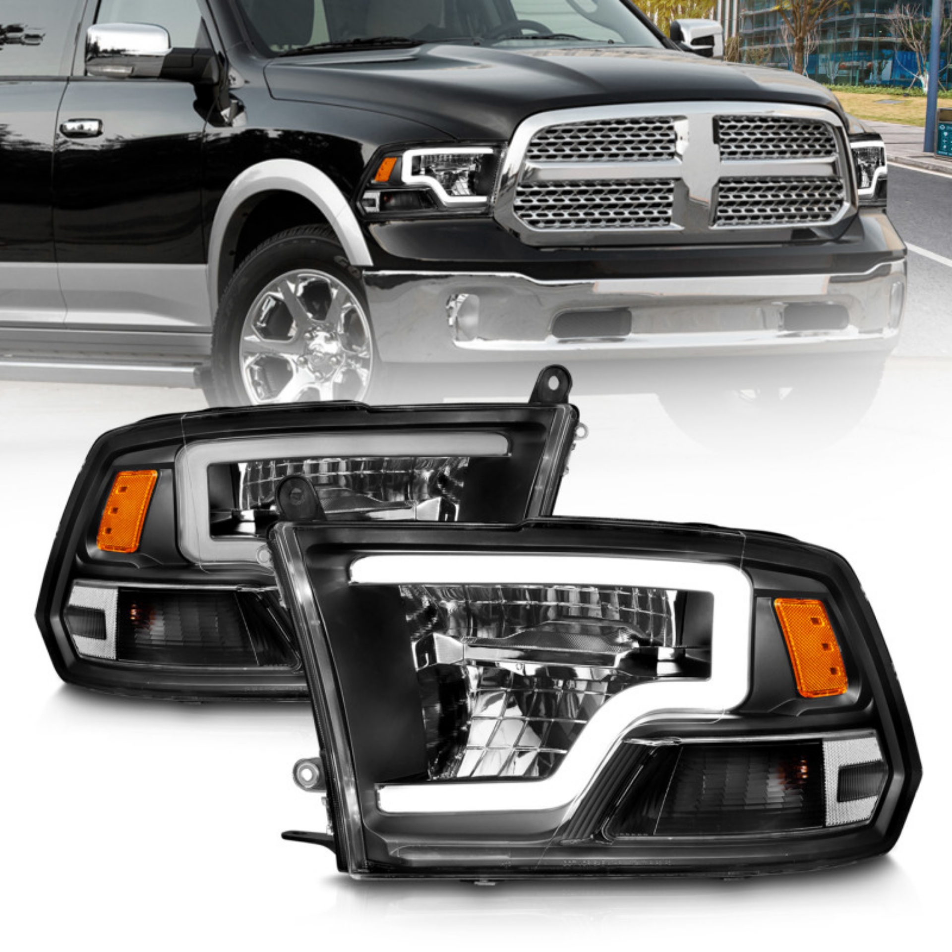 Picture of ANZO 2009-2020 Dodge Ram 1500 Full LED Square Projector Headlights w- Chrome Housing Black Amber