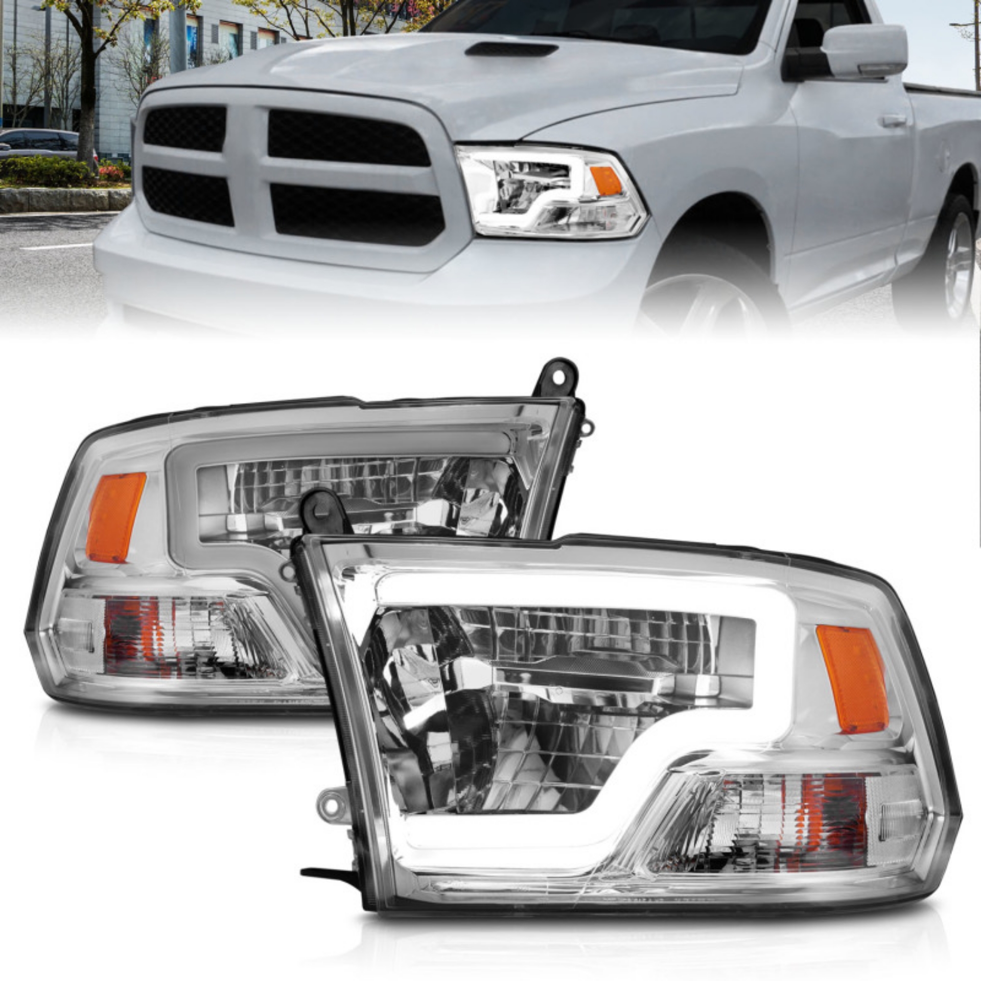 Picture of ANZO 2009-2020 Dodge Ram 1500 Full LED Square Projector Headlights w- Chrome Housing Chrome Amber