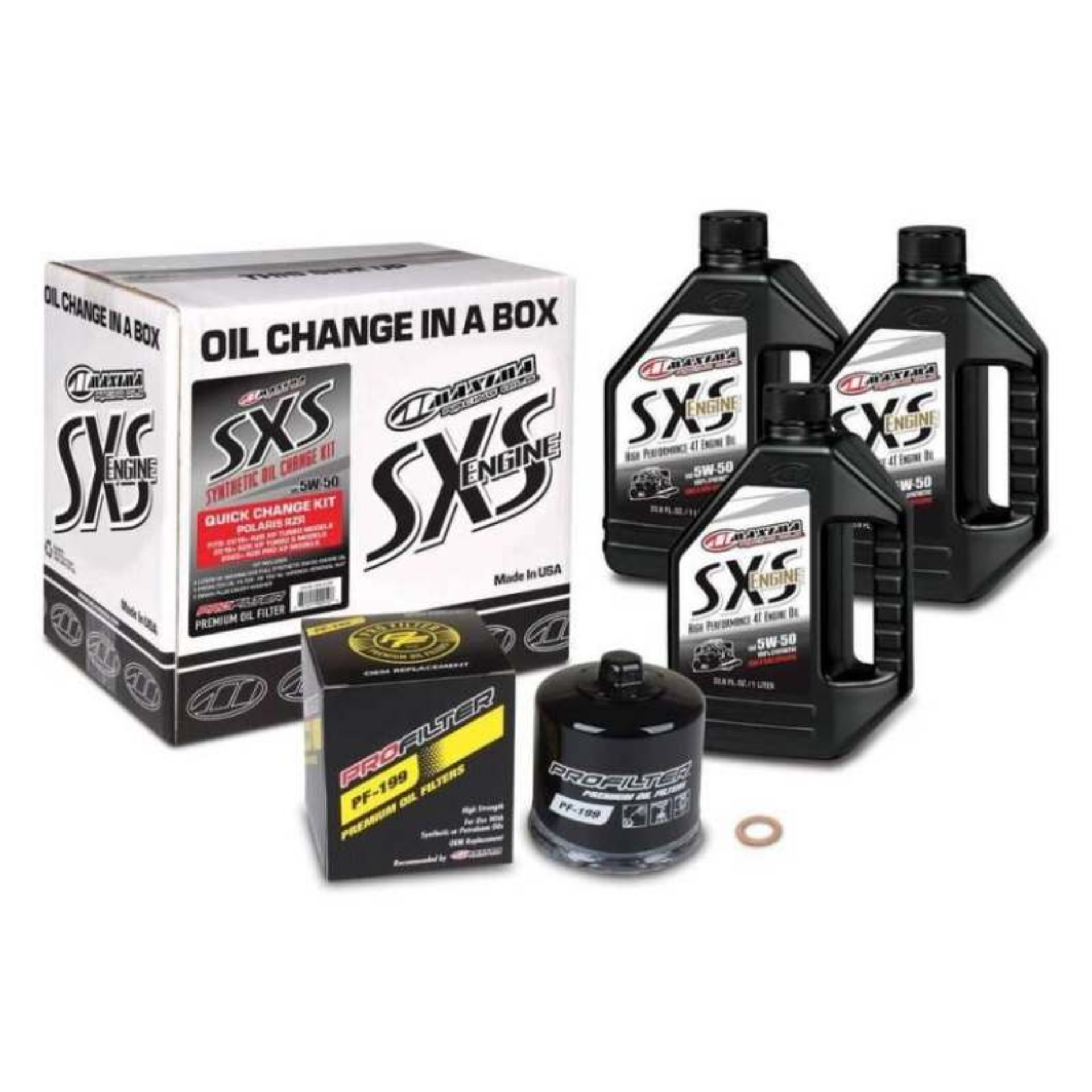 Picture of Maxima SXS Polaris RZR-Ranger Quick Change Kit w-Full Synthetic 5W50 Engine Oil-Filter-Hardware