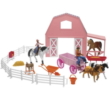 Picture of New Ray Toys Valley Ranch Set with Pink Barn, Horses, Cowgirls and Fences- Scale 1:32