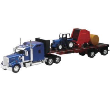 Picture of New Ray Toys Kenworth W900 with Flatbed, Tractor and Round Haybales- Scale - 1:32
