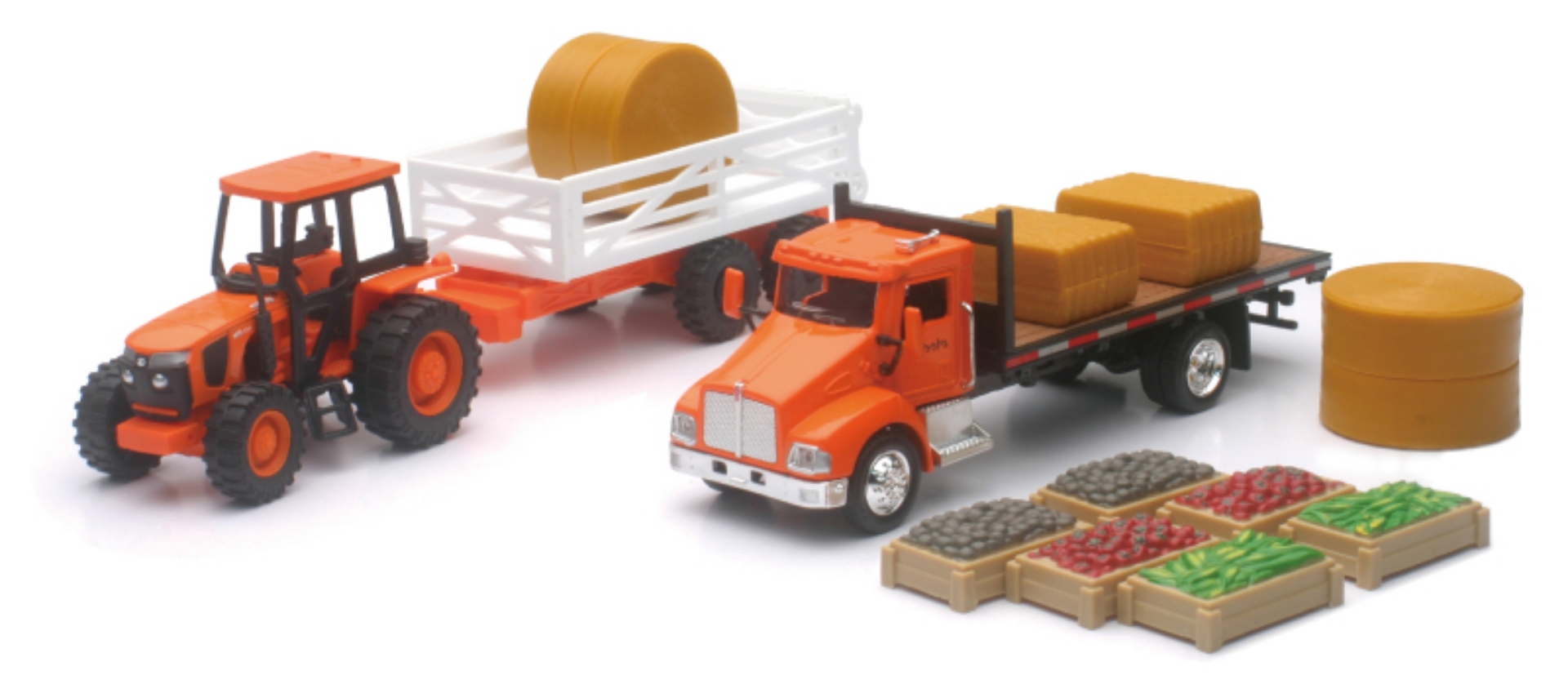 Picture of New Ray Toys Kubota Farm Tractor Play Set with Truck, Trailer, Crates and Haybales- Scale - 1:32