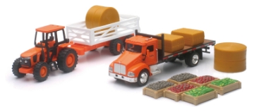 Picture of New Ray Toys Kubota Farm Tractor Play Set with Truck, Trailer, Crates and Haybales- Scale - 1:32