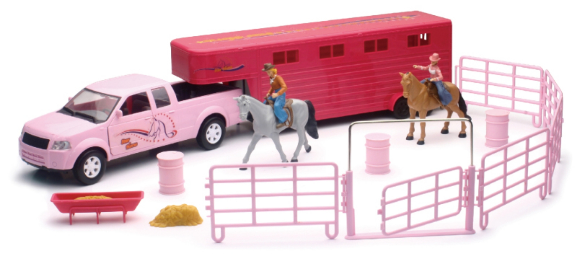 Picture of New Ray Toys Valley Ranch Set with Pink Pickup Truck and Long Horse Trailer Set