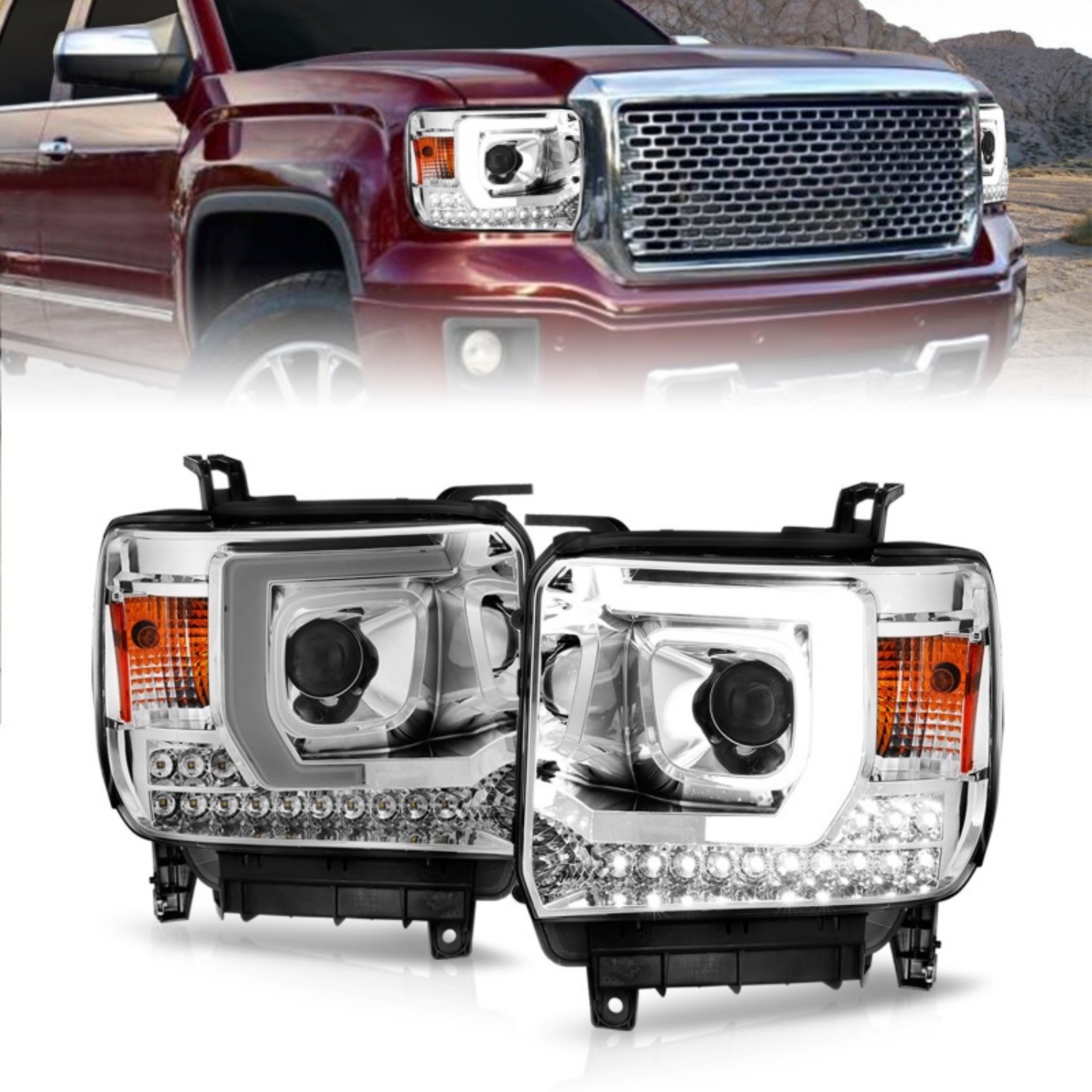 Picture of ANZO 14-15 GMC Sierra 1500-2500HD-3500HD Plank Style Projector Headlight - Chrome Housing