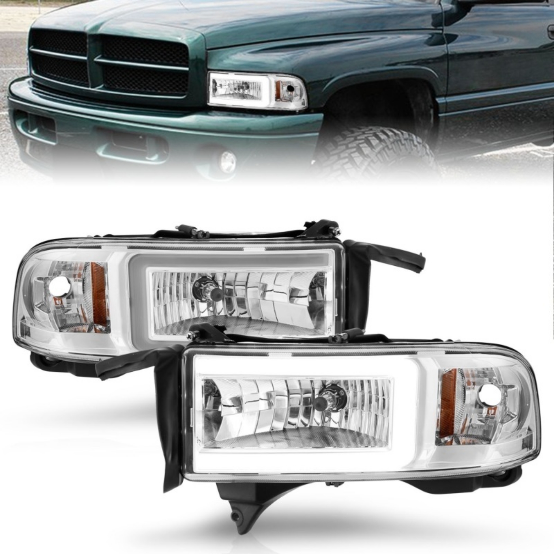 Picture of ANZO 94-02 Dodge RAM Crystal Headlight - w- Light Bar Chrome Housing