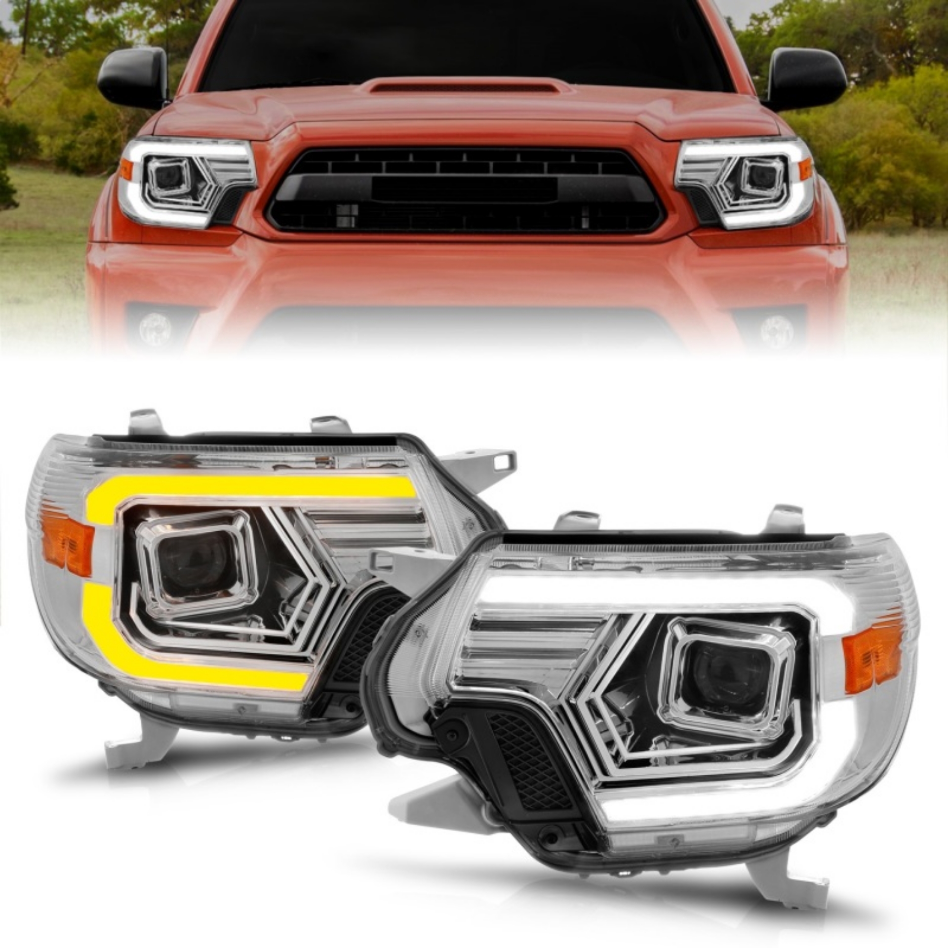 Picture of ANZO 12-15 Toyota Tacoma Projector Headlights - w- Light Bar Switchback Chrome Housing