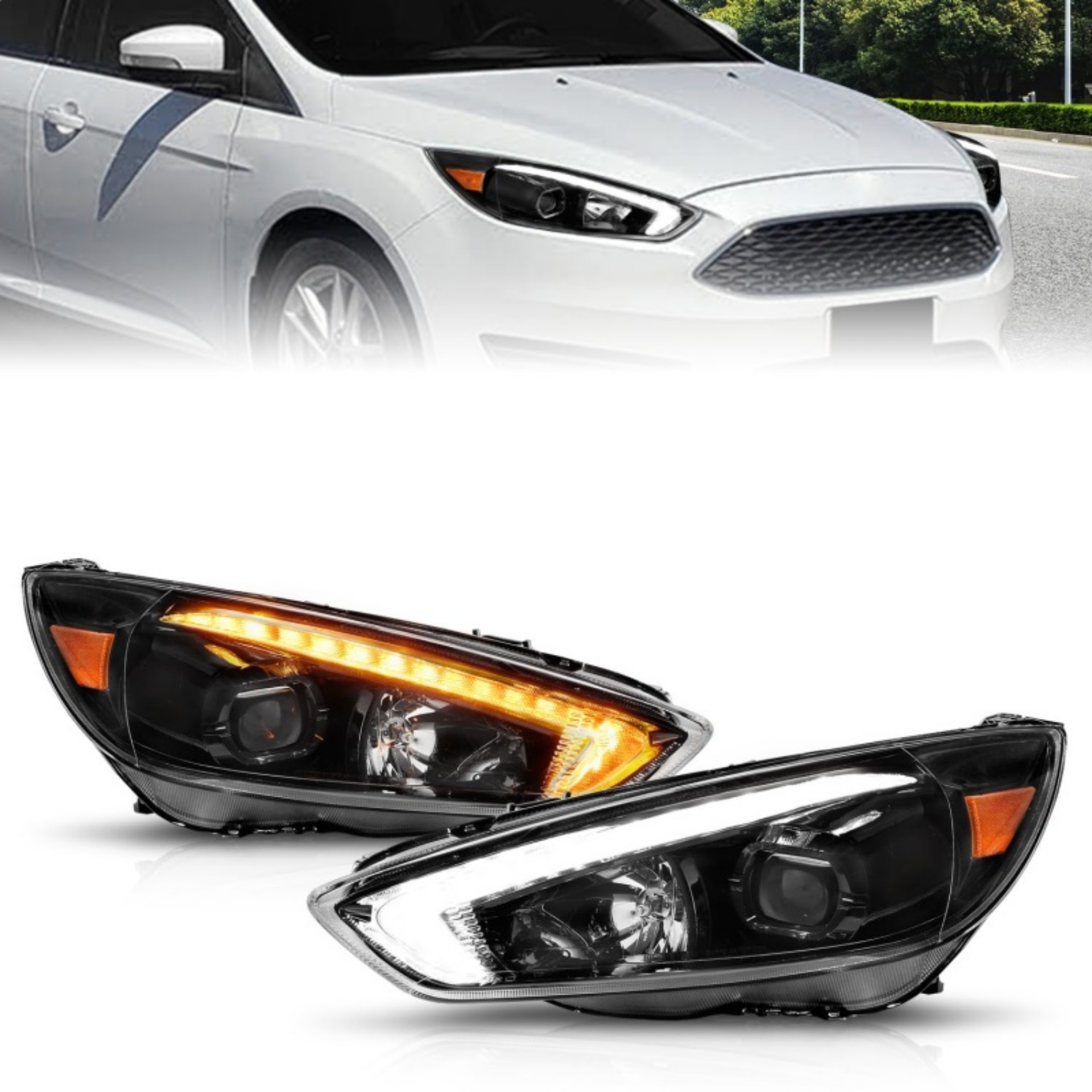 Picture of ANZO 15-18 Ford Focus Projector Headlights - w- Light Bar Switchback Black Housing
