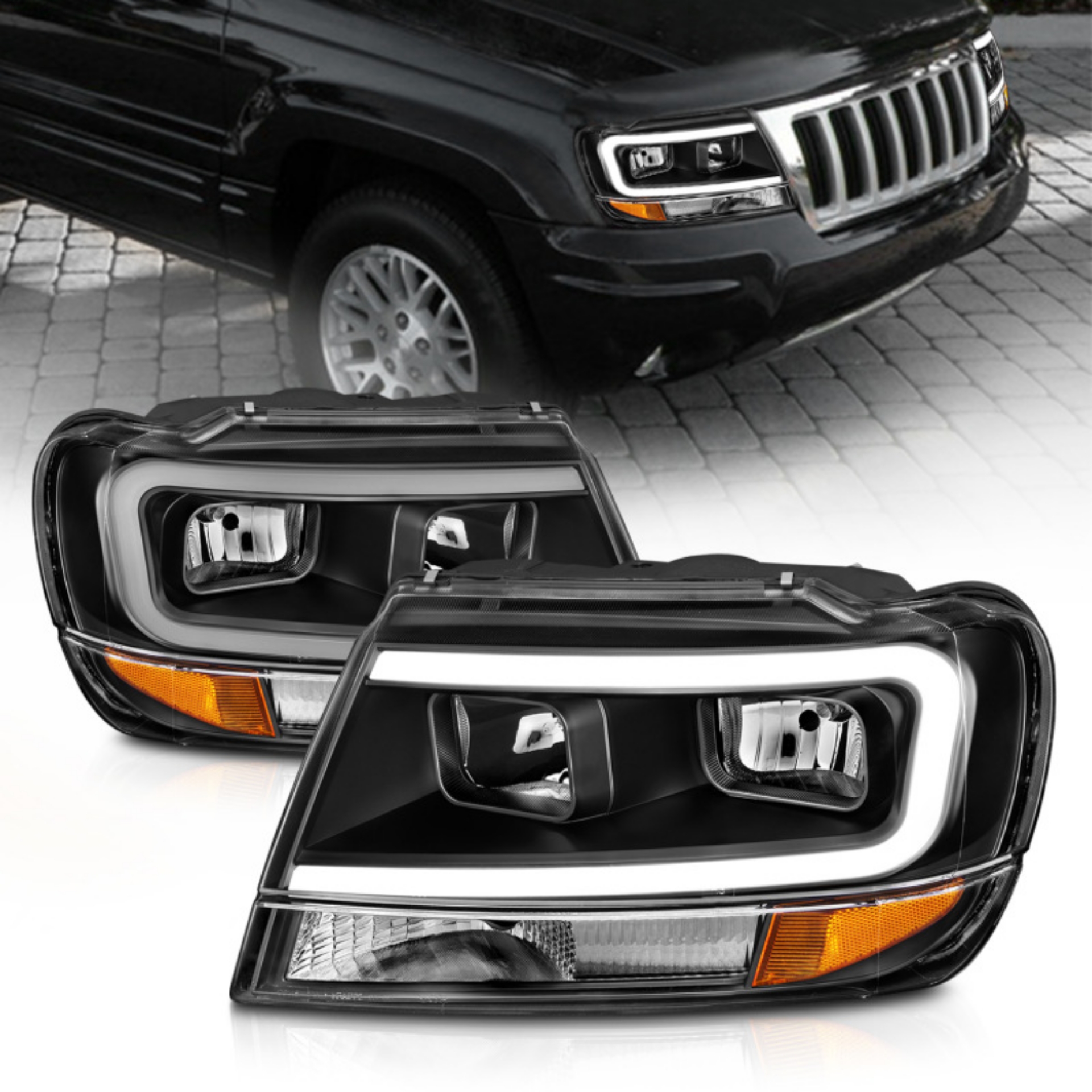 Picture of ANZO 99-04 Jeep Grand Cherokee Crystal Headlights - w- Light Bar Black Housing