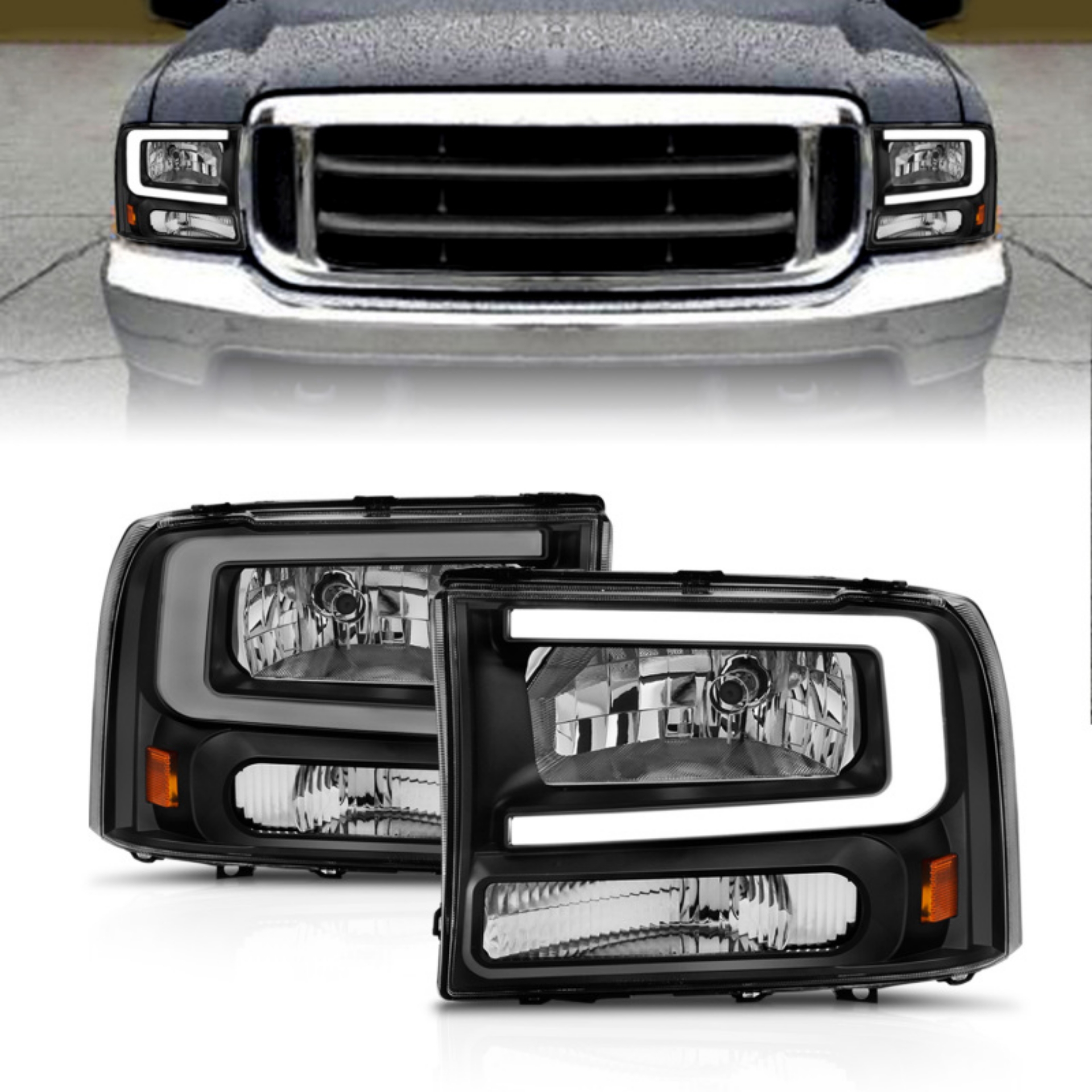Picture of ANZO 99-04 Ford F250-F350-F450-Excursion excl- 99 Crystal Headlights - w- Light Bar Black Housing