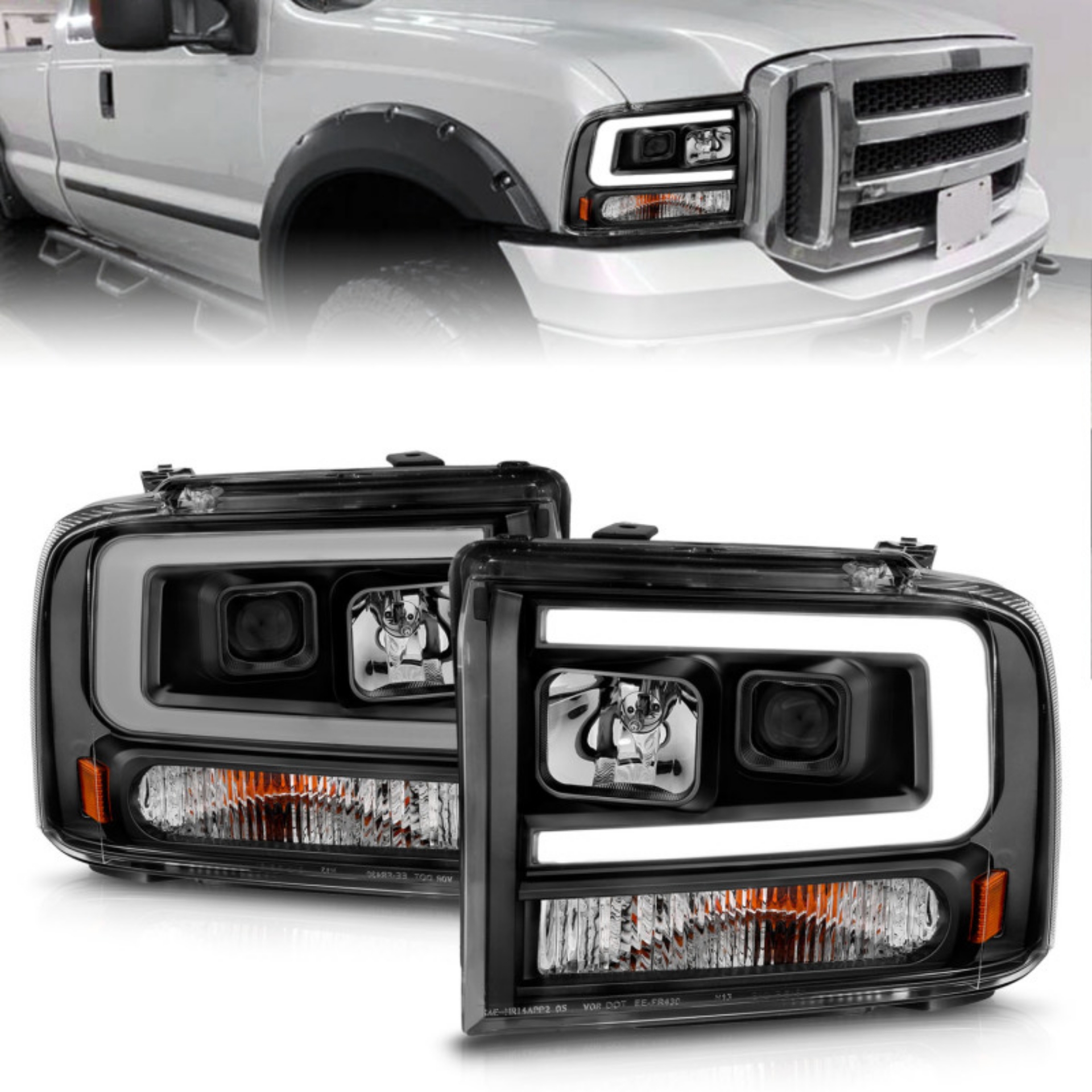Picture of ANZO 99-04 Ford F250-F350-F450-Excursion excl 99 Projector Headlights - w- Light Bar Black Housing