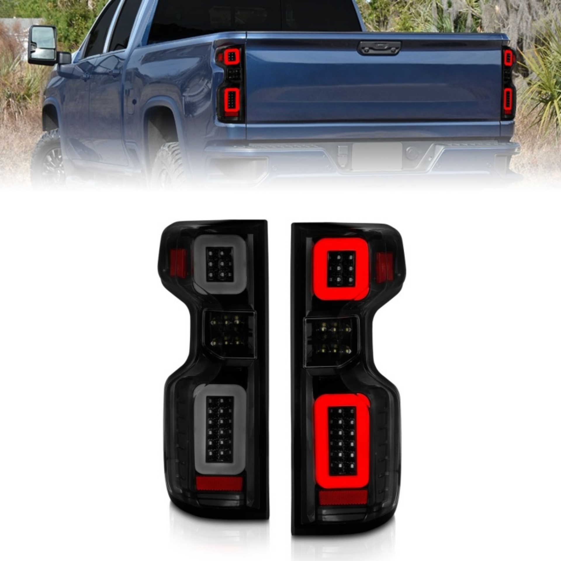 Picture of ANZO 19-21 Chevy Silverado Full LED Taillights Black Housing Smoke Lens G2 w-C light Bars