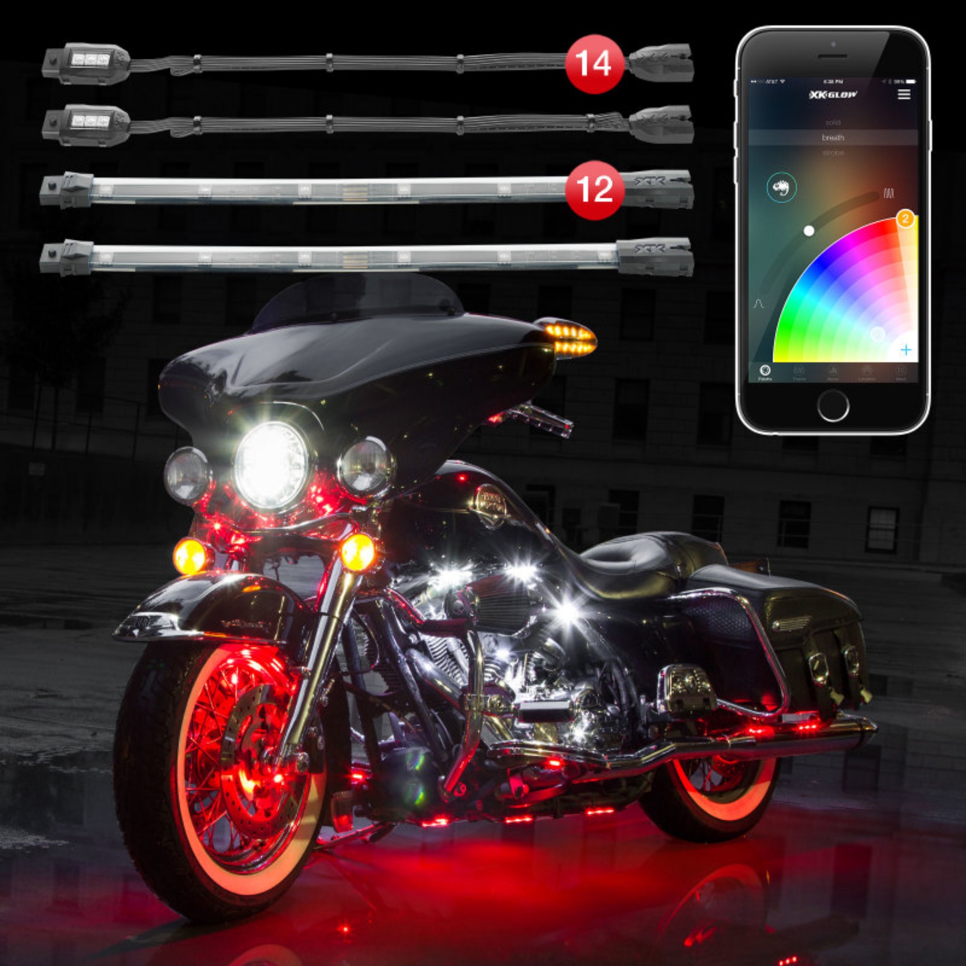 Picture of XK Glow Strip Million Color XKCHROME ATV-Motorcycle LED Accent Light Kit 14xPod + 12x10In
