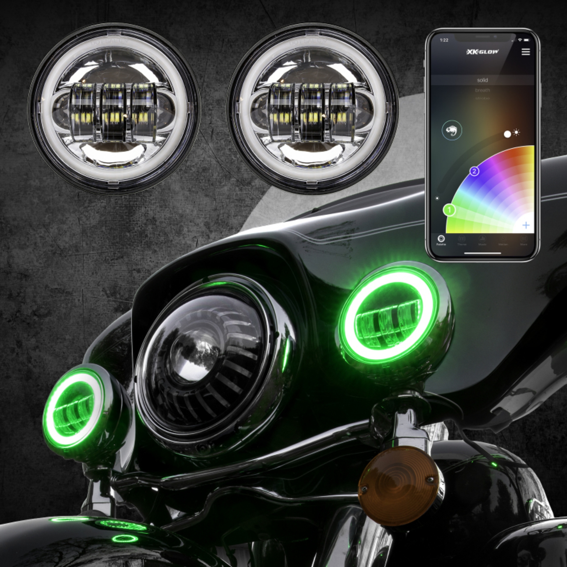 Picture of XK Glow 4-5In Chrome RGB LED Harley Running Light XKchrome Bluetooth App Controlled Kit