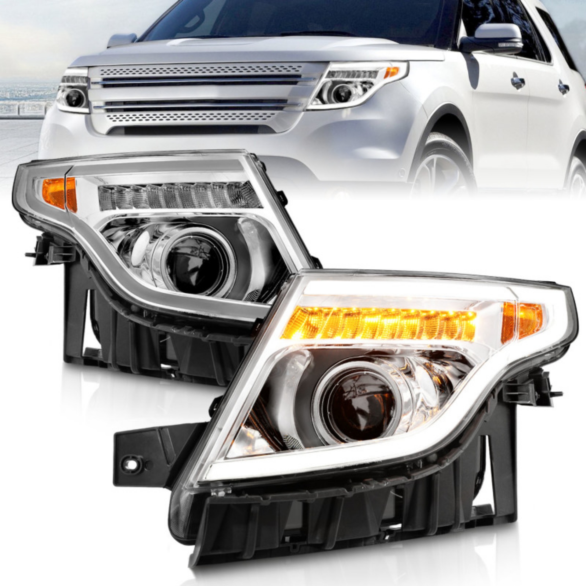 Picture of ANZO 11-15 Ford Explorer Projector Headlights w- Light Bar Chrome Housing w- Amber light