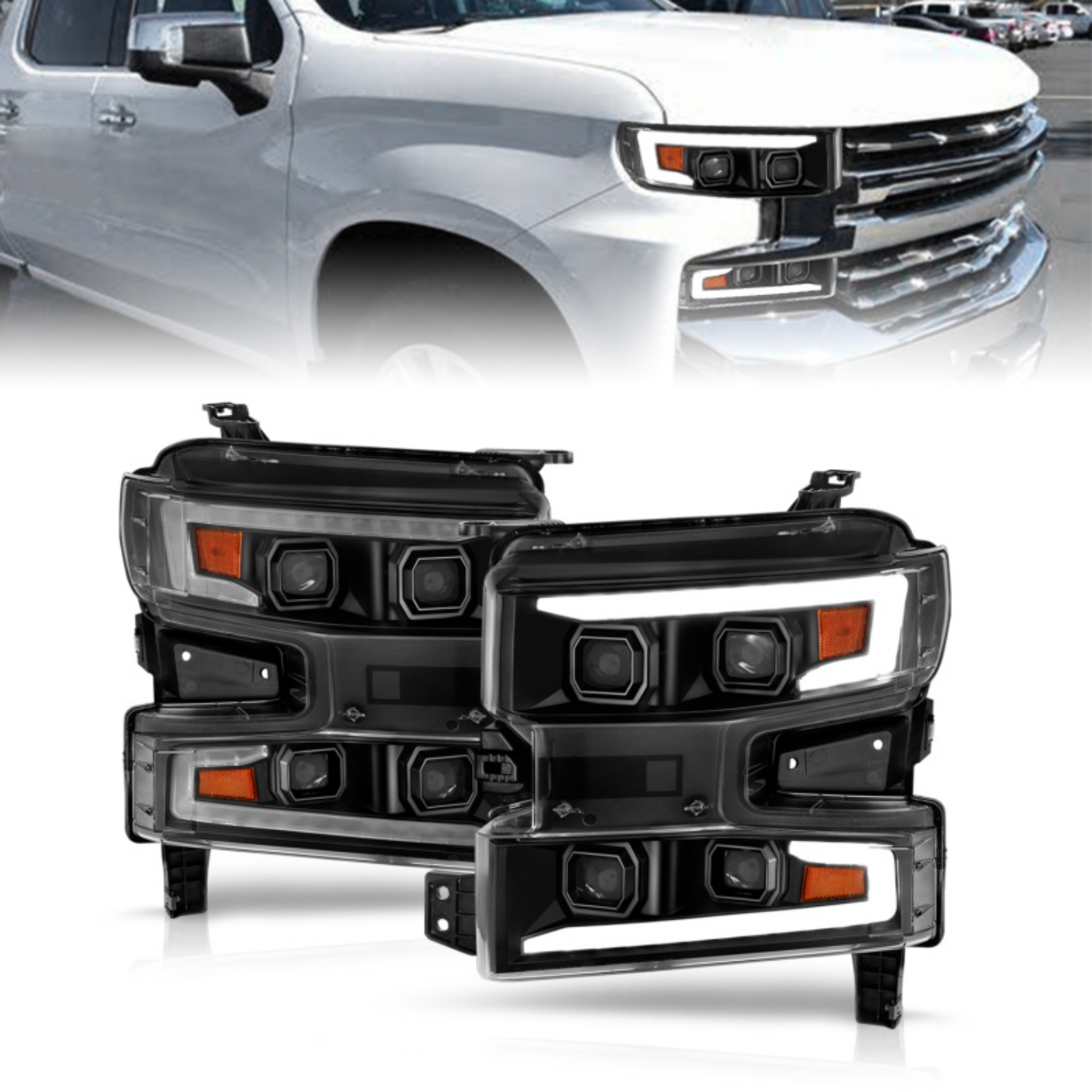 Picture of ANZO 19-22 Chevrolet Silverado 1500 LED Proj HL w-Lgt Bar SwBk Seq- Blk w-In- Light - Passenger Side