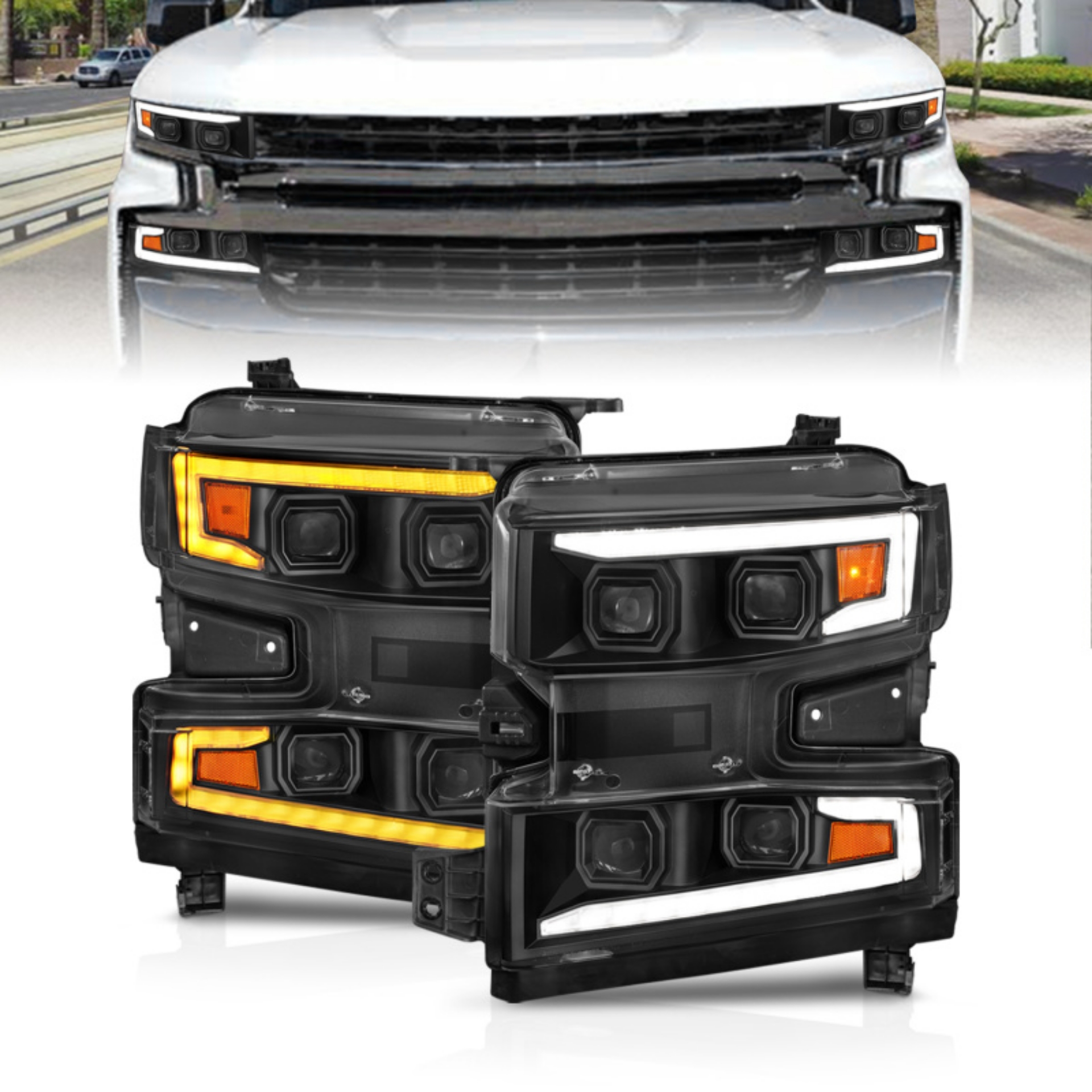 Picture of ANZO 19-22 Chevrolet Silverado 1500 LED Proj HL w-Lgt Bar SwBk Seq- Blk w-In- Light - Driver Side ON