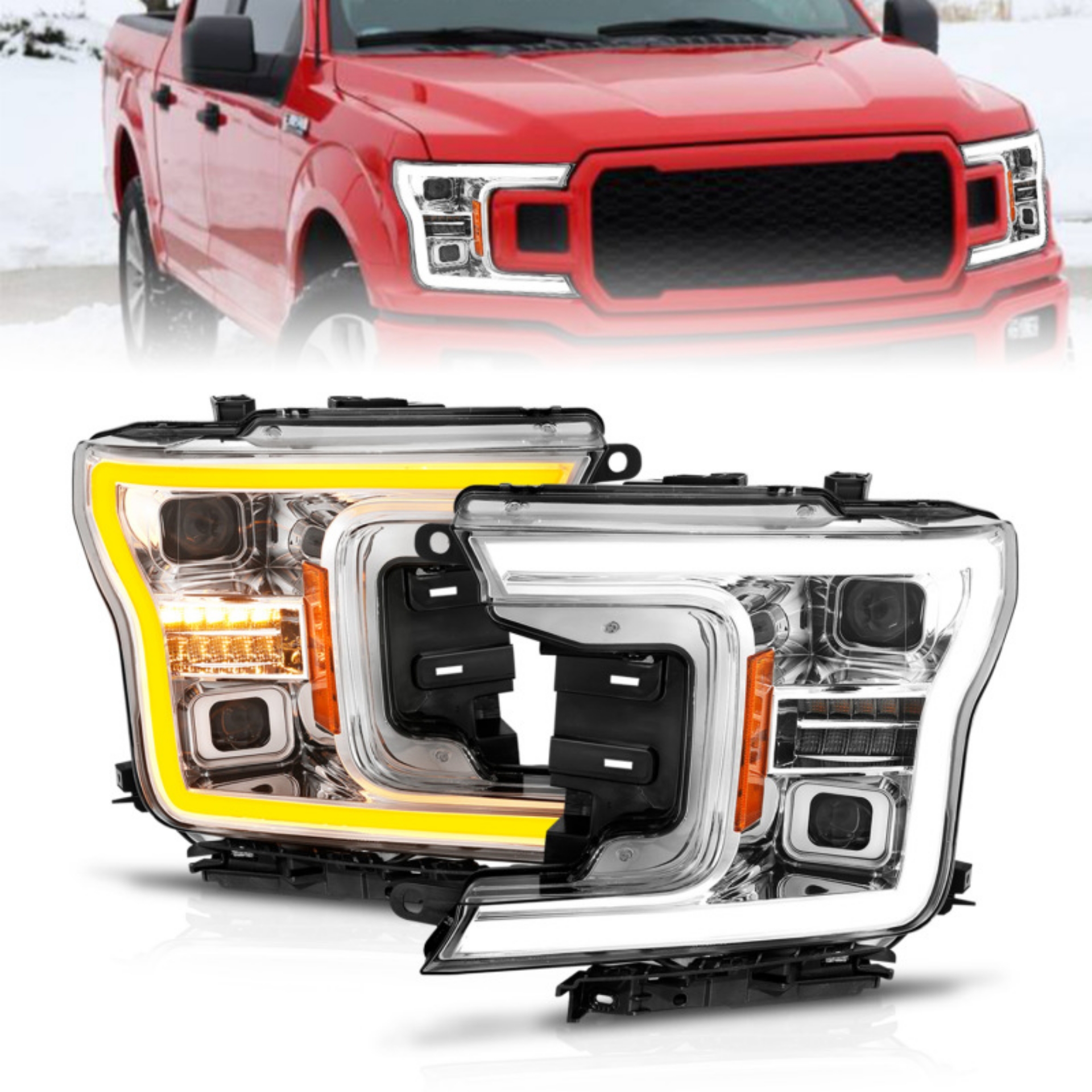 Picture of ANZO 18-20 Ford F-150 w-o Fctry LED Full LED Proj Headlights w-Light Bar Swtchbk Seq- Chrome w-Int