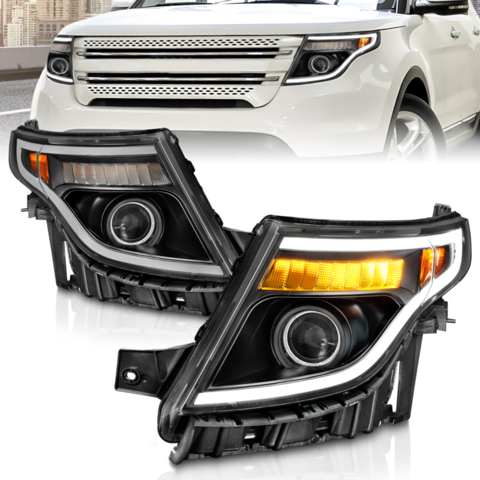 Picture of ANZO 11-15 Ford Explorer w-Factory Halogen HL Only Projector Headlights w-Light Bar Black Housing